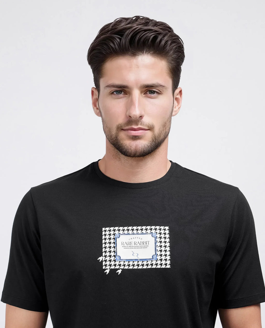 Rare Rabbit Men's Jed Black Cotton Blend Graphic Print Regular Fit Half Sleeve Crew Neck T-Shirt