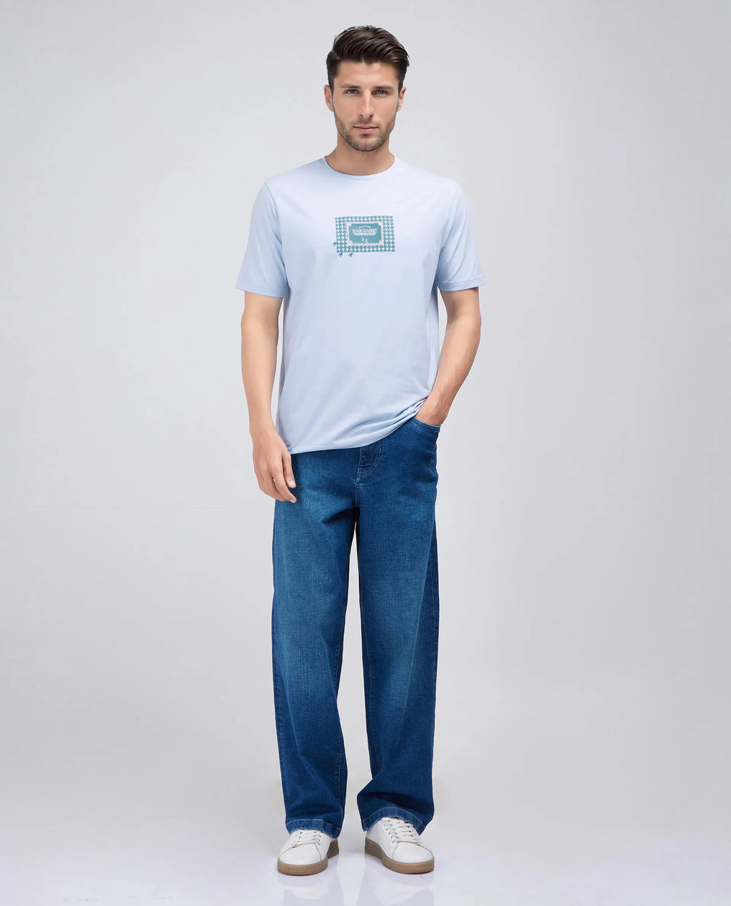 Rare Rabbit Men's Jed Dusky Blue Cotton Blend Graphic Print Regular Fit Half Sleeve Crew Neck T-Shirt