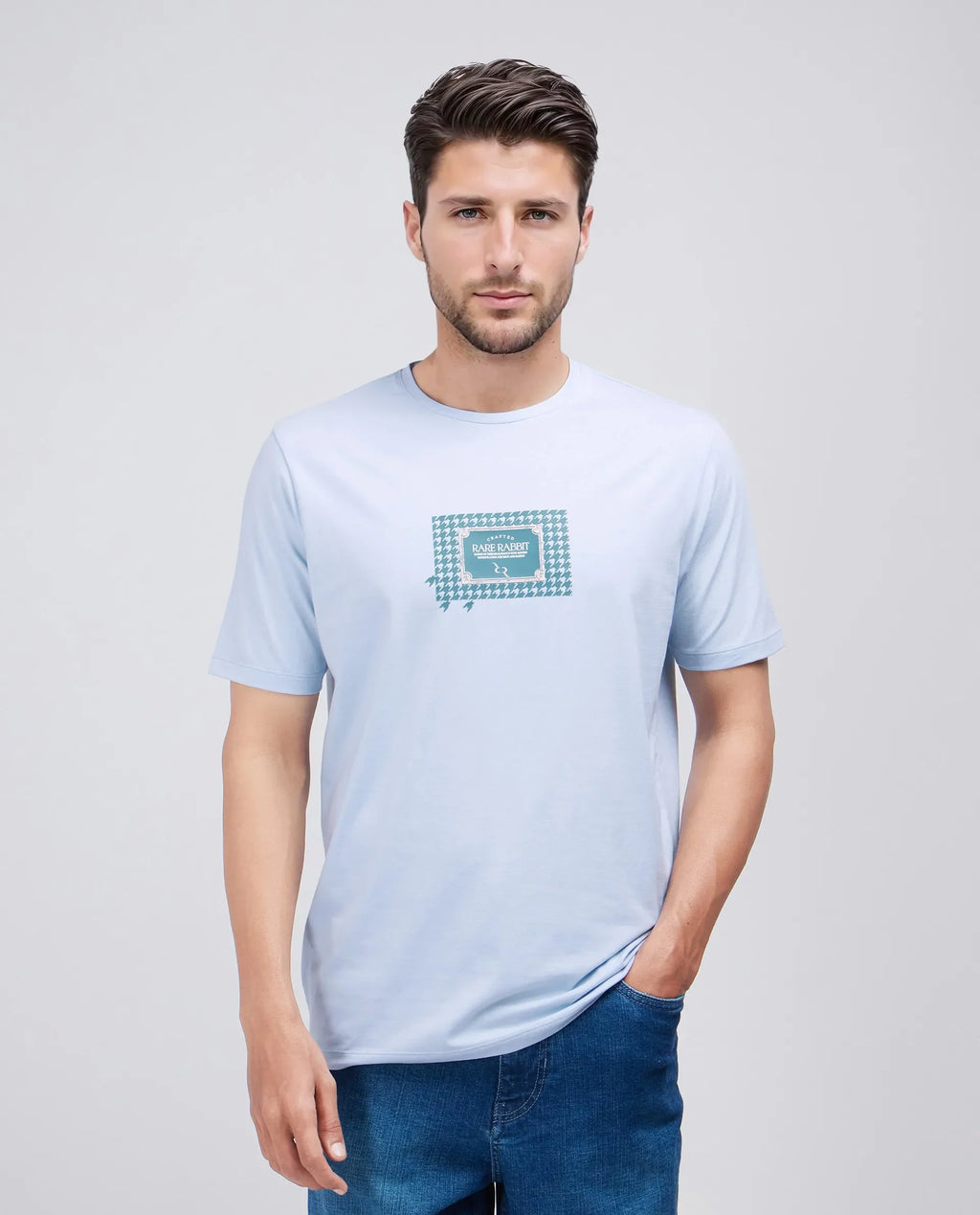 Rare Rabbit Men's Jed Dusky Blue Cotton Blend Graphic Print Regular Fit Half Sleeve Crew Neck T-Shirt