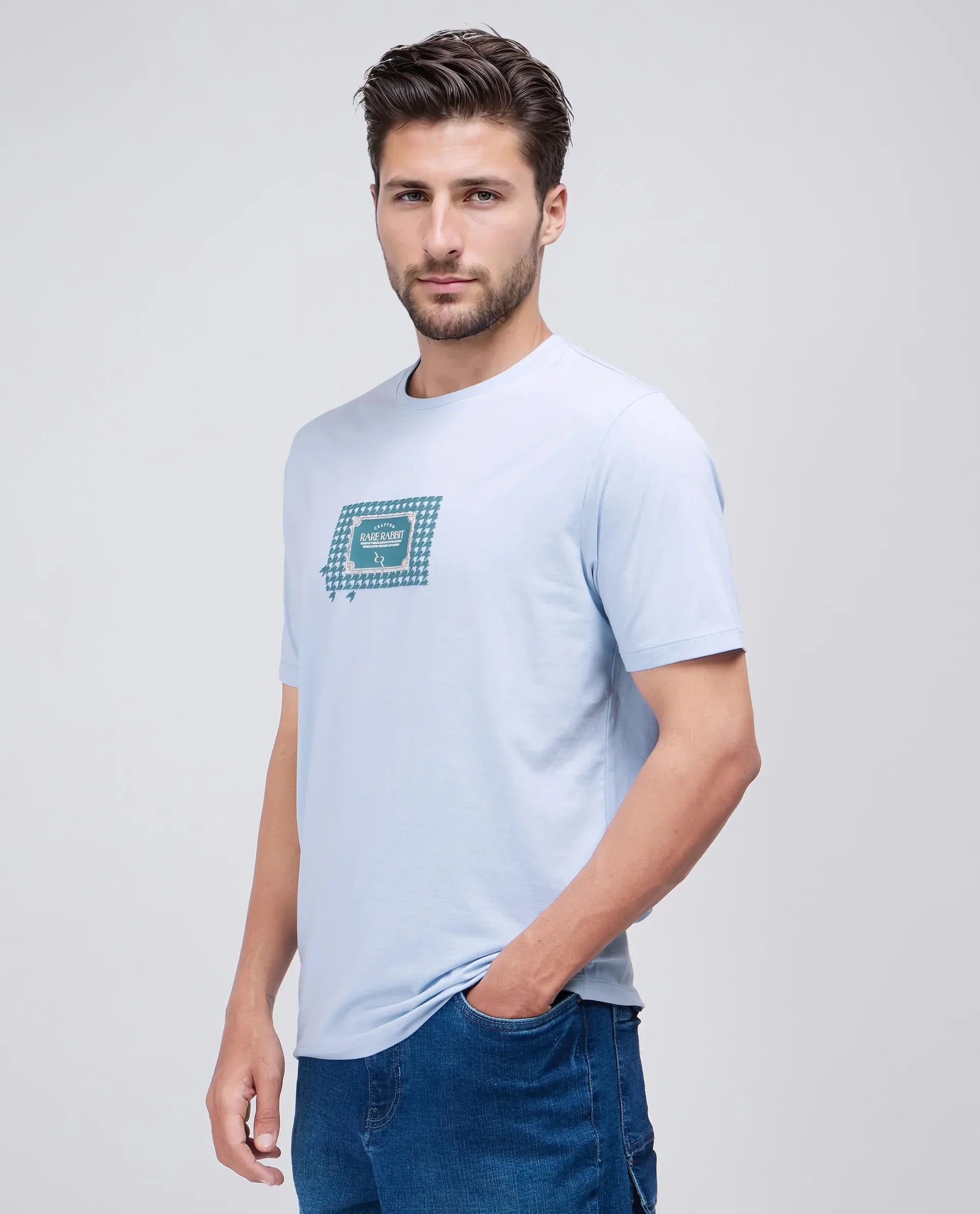 Rare Rabbit Men's Jed Dusky Blue Cotton Blend Graphic Print Regular Fit Half Sleeve Crew Neck T-Shirt