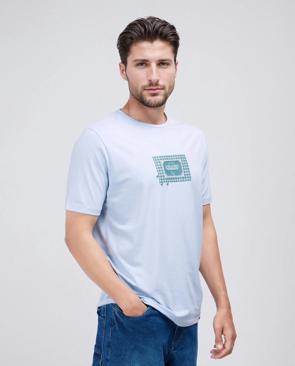 Rare Rabbit Men's Jed Dusky Blue Cotton Blend Graphic Print Regular Fit Half Sleeve Crew Neck T-Shirt