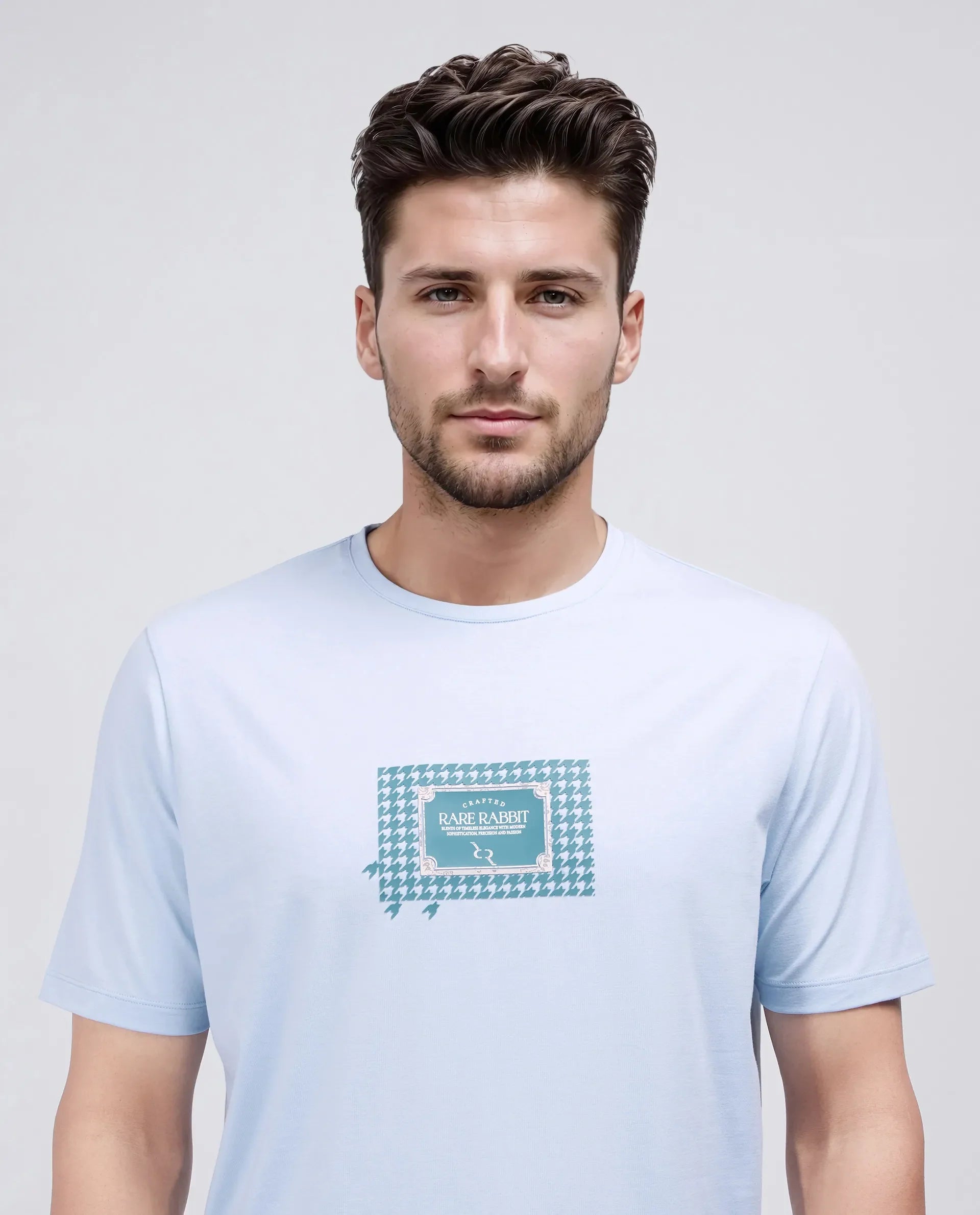 Rare Rabbit Men's Jed Dusky Blue Cotton Blend Graphic Print Regular Fit Half Sleeve Crew Neck T-Shirt