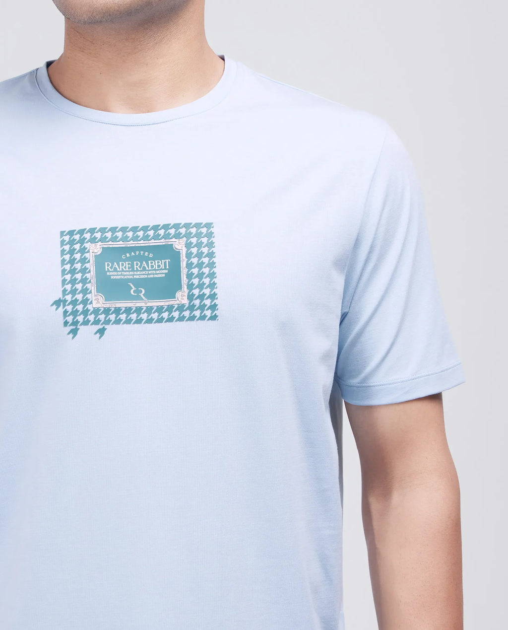 Rare Rabbit Men's Jed Dusky Blue Cotton Blend Graphic Print Regular Fit Half Sleeve Crew Neck T-Shirt
