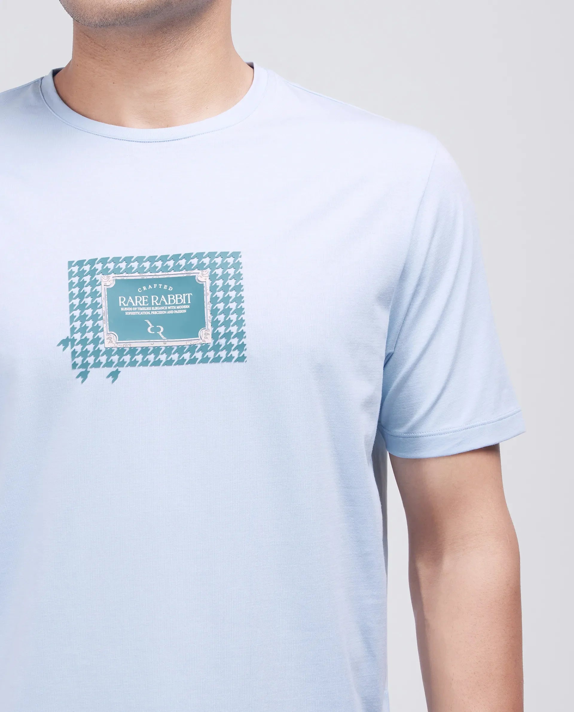 Rare Rabbit Men's Jed Dusky Blue Cotton Blend Graphic Print Regular Fit Half Sleeve Crew Neck T-Shirt
