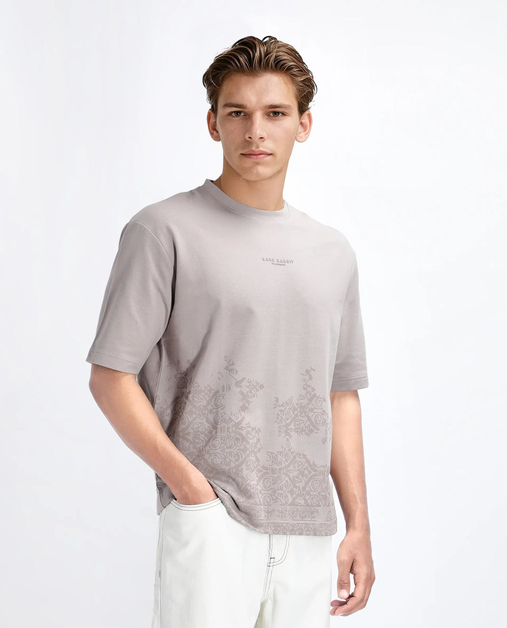Rare Rabbit Men's Jent Grey Cotton Graphic Print Oversized Fit Half Sleeve Crew Neck T-Shirt