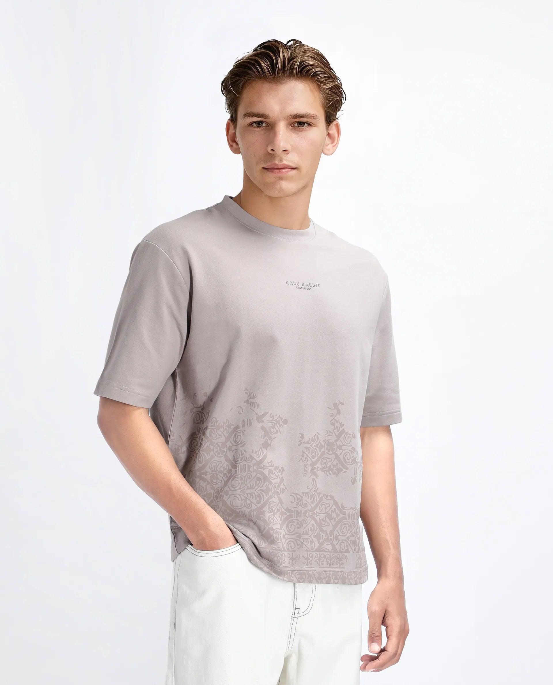 Rare Rabbit Men's Jent Grey Cotton Graphic Print Oversized Fit Half Sleeve Crew Neck T-Shirt