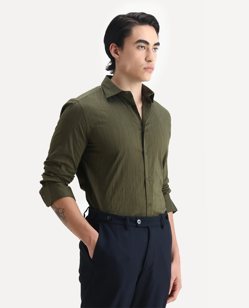 Rare Rabbit Men's Jerna-B Olive Cotton Blend Striped Print Regular Fit Full Sleeve Collared Shirt