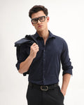 Rare Rabbit Men's Jerna-B Navy Cotton Blend Striped Print Regular Fit Half Sleeve Collared Shirt