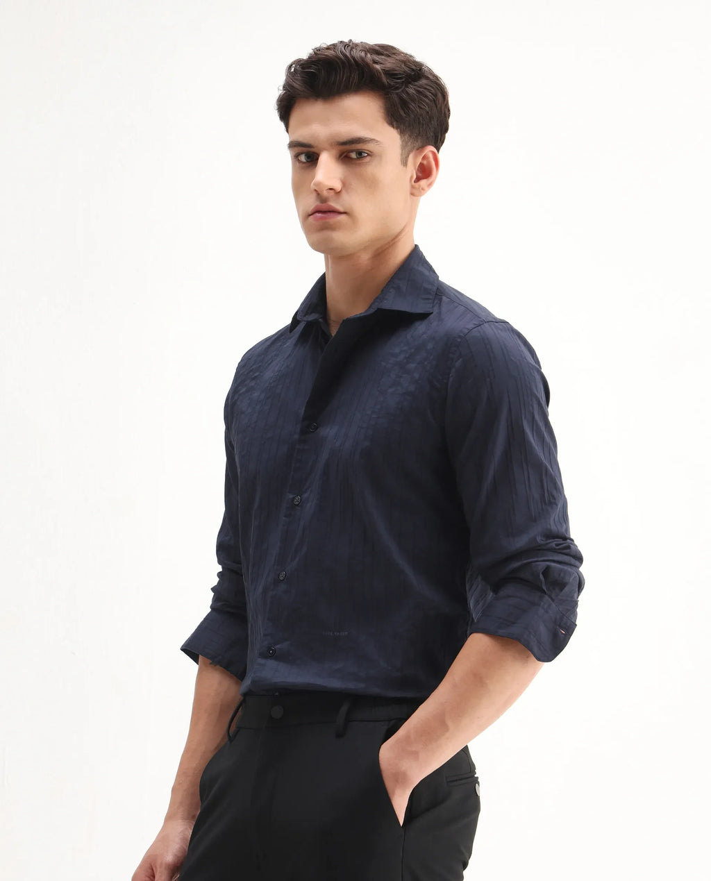 Rare Rabbit Men's Jerna-B Navy Cotton Blend Striped Print Regular Fit Half Sleeve Collared Shirt