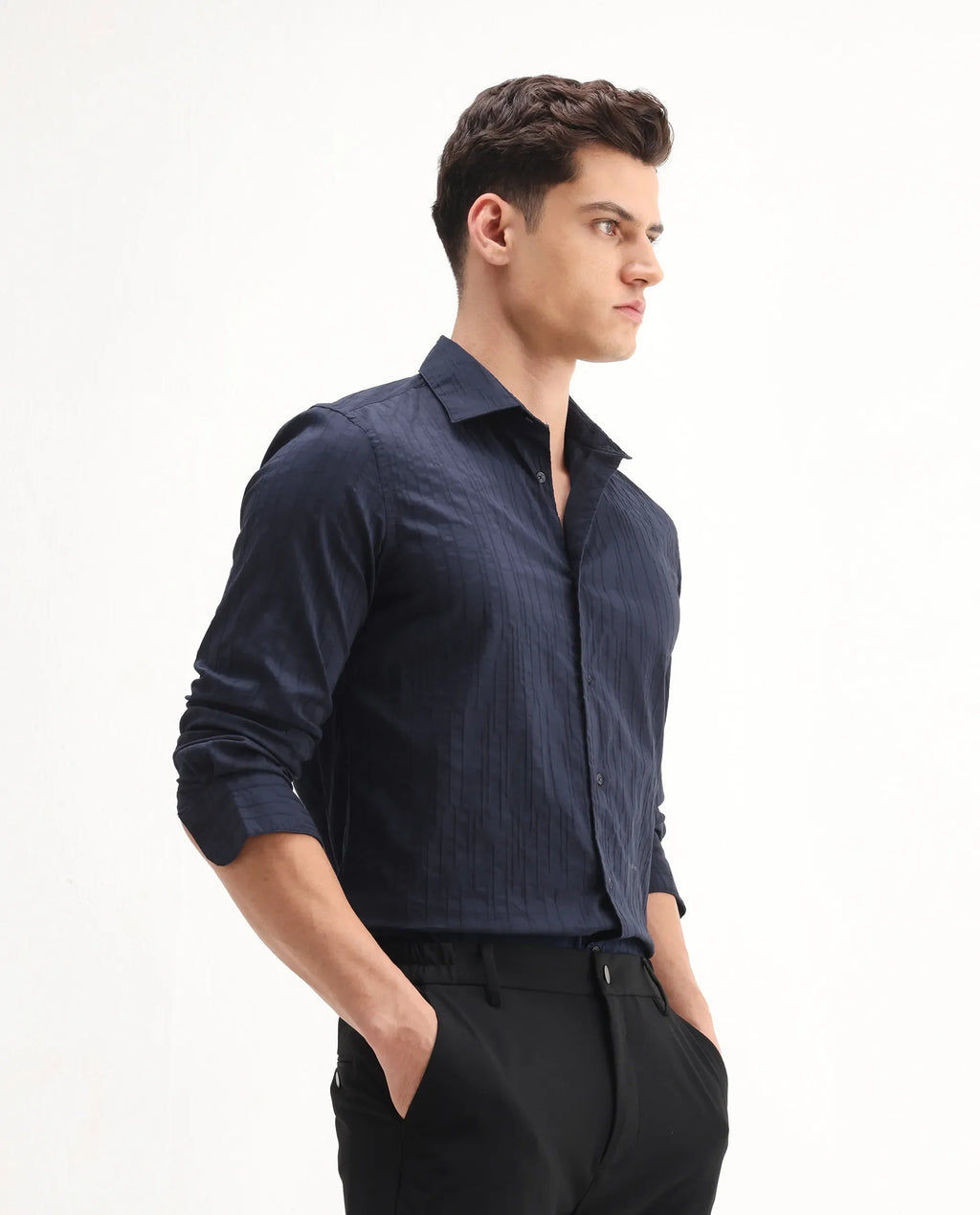 Rare Rabbit Men's Jerna-B Navy Cotton Blend Striped Print Regular Fit Half Sleeve Collared Shirt