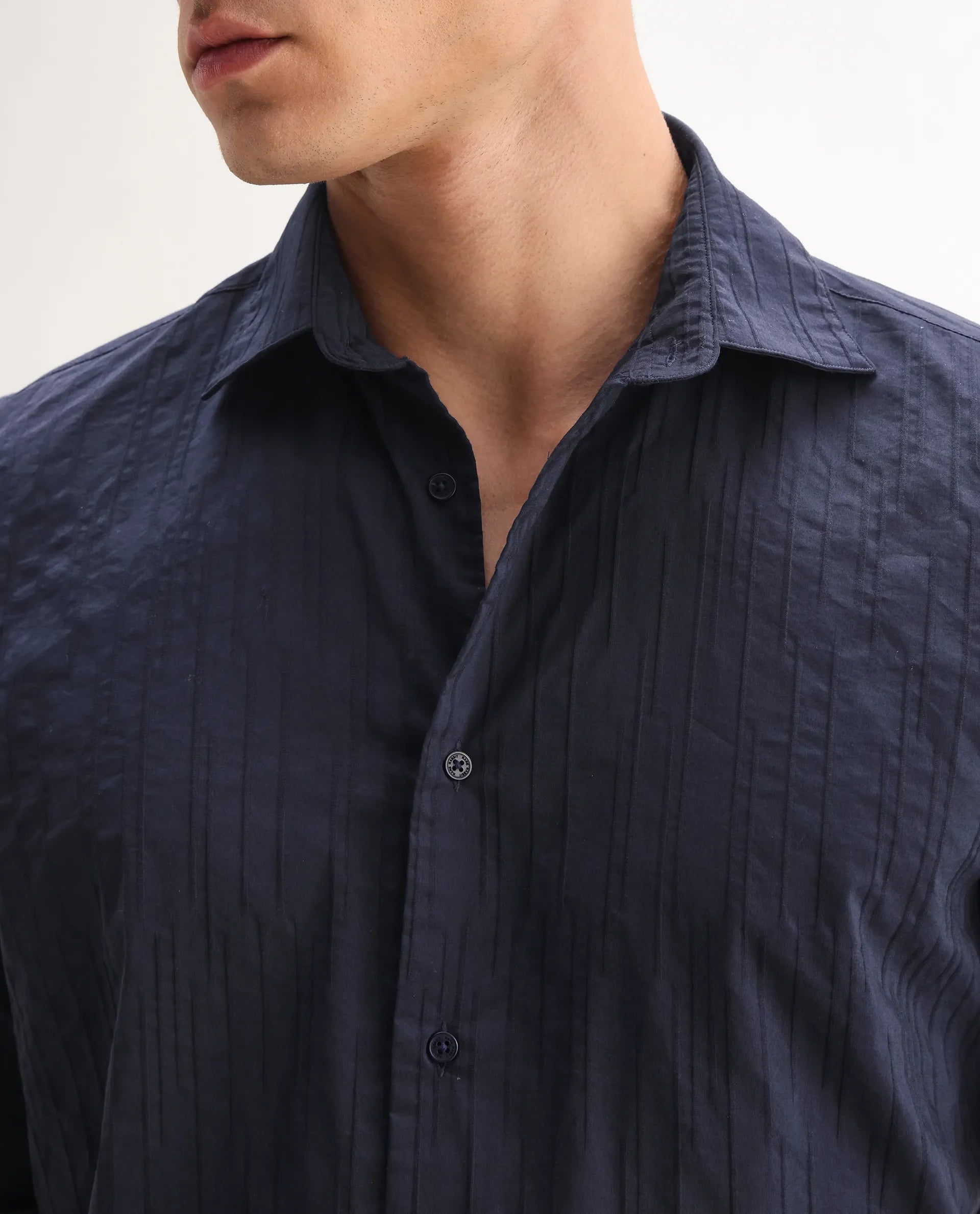 Rare Rabbit Men's Jerna-B Navy Cotton Blend Striped Print Regular Fit Half Sleeve Collared Shirt
