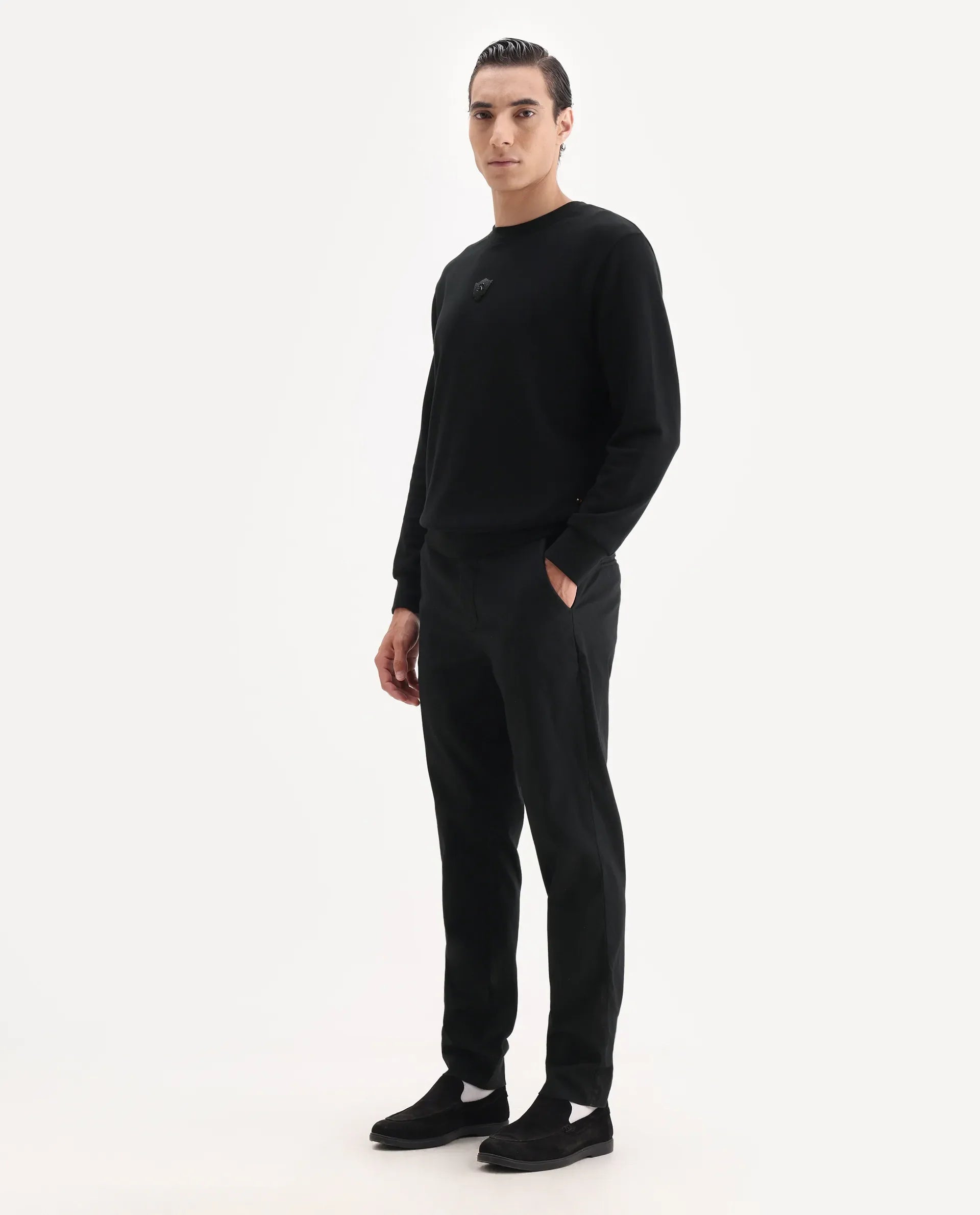 Rare Rabbit Men's Jes Black Cotton Blend Jacquard Relaxed Fit Trouser