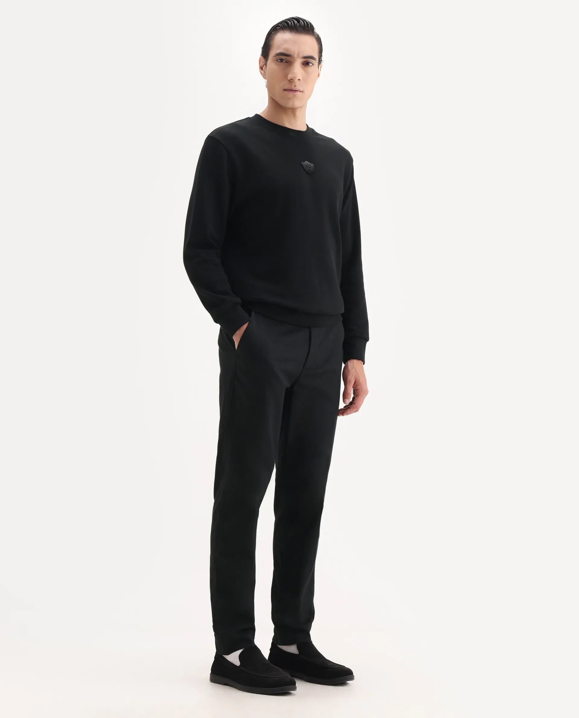 Rare Rabbit Men's Jes Black Cotton Blend Jacquard Relaxed Fit Trouser