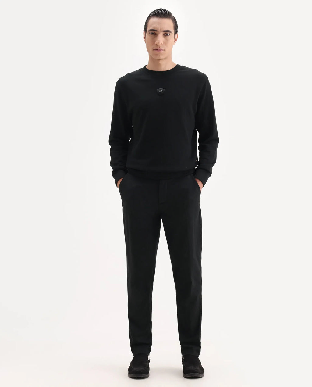 Rare Rabbit Men's Jes Black Cotton Blend Jacquard Relaxed Fit Trouser