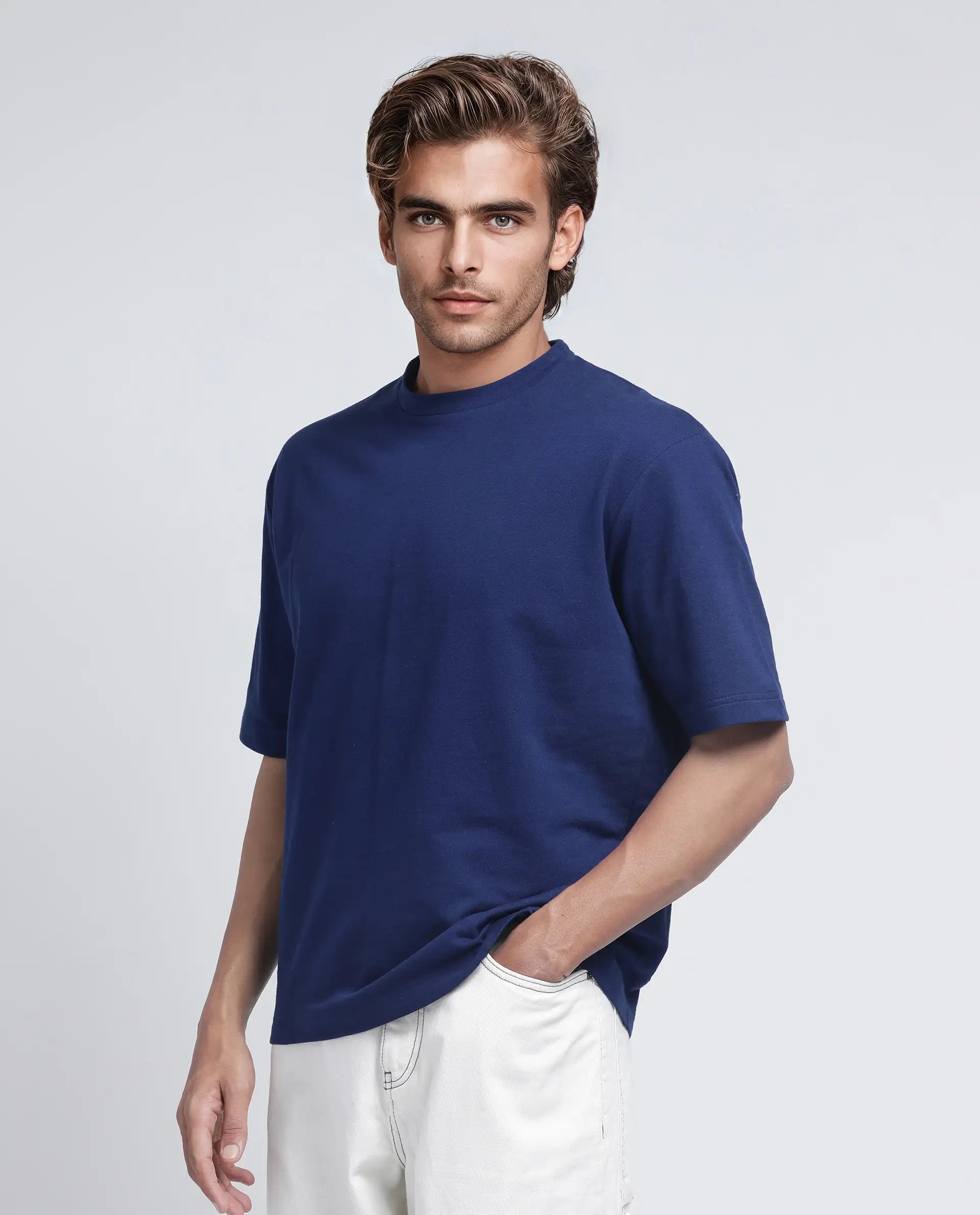 Rare Rabbit Men's Jot Blue Cotton Graphic Print Oversized Fit Half Sleeve Crew Neck T-Shirt