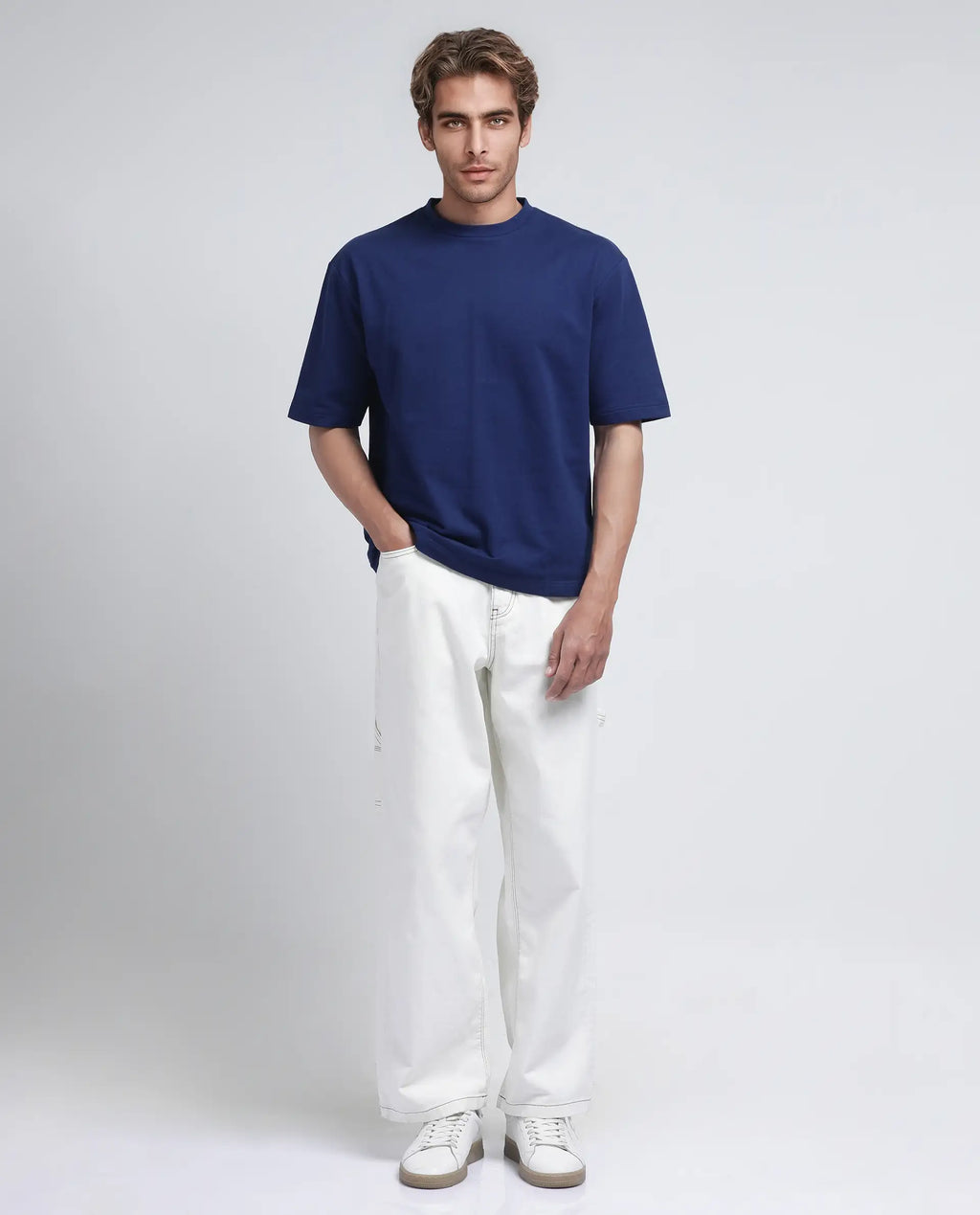Rare Rabbit Men's Jot Blue Cotton Graphic Print Oversized Fit Half Sleeve Crew Neck T-Shirt