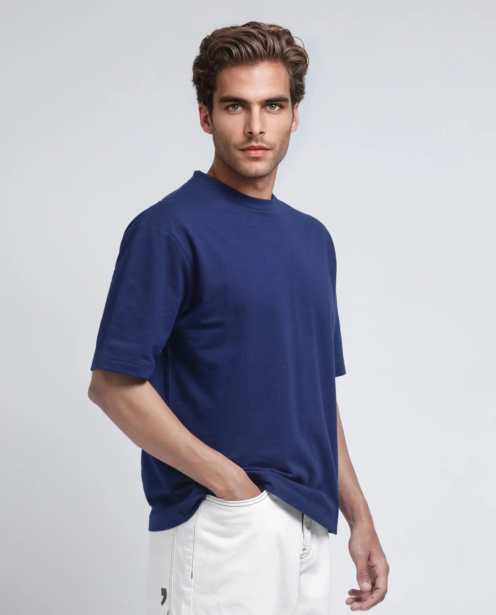 Rare Rabbit Men's Jot Blue Cotton Graphic Print Oversized Fit Half Sleeve Crew Neck T-Shirt