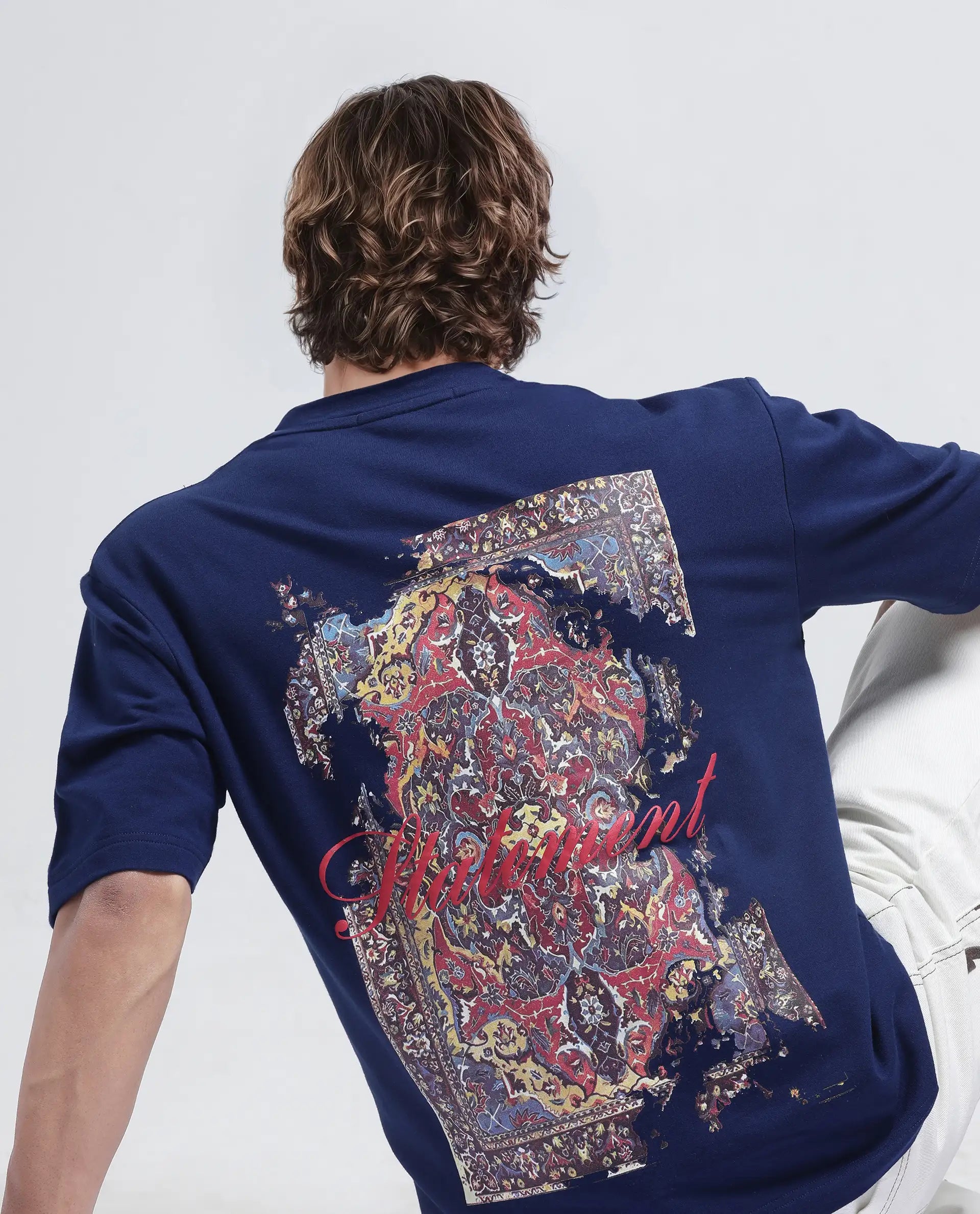 Rare Rabbit Men's Jot Blue Cotton Graphic Print Oversized Fit Half Sleeve Crew Neck T-Shirt