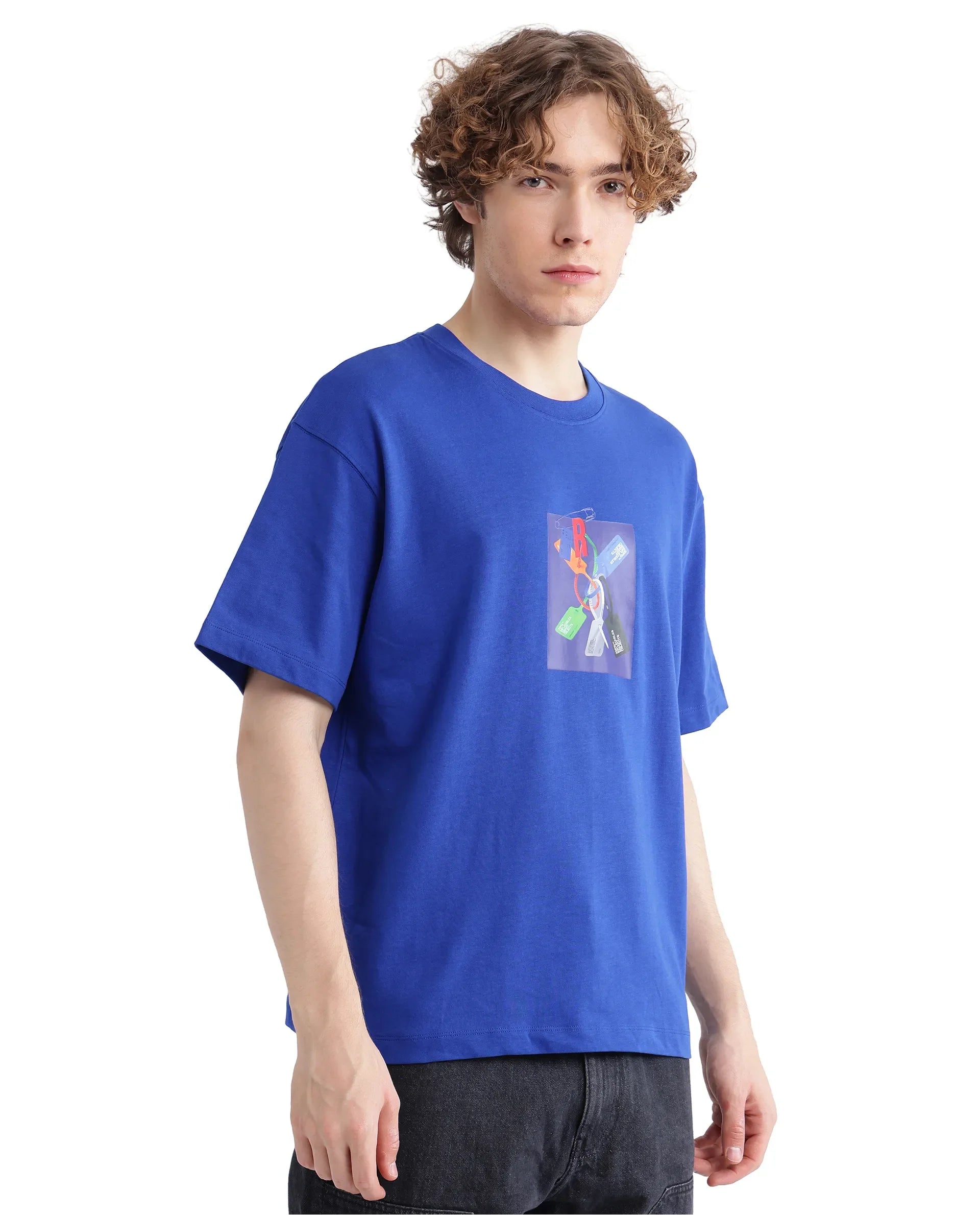 Rare Rabbit Men's Just Blue Cotton Graphic Print Boxy Fit Half Sleeve Crew Neck T-Shirt