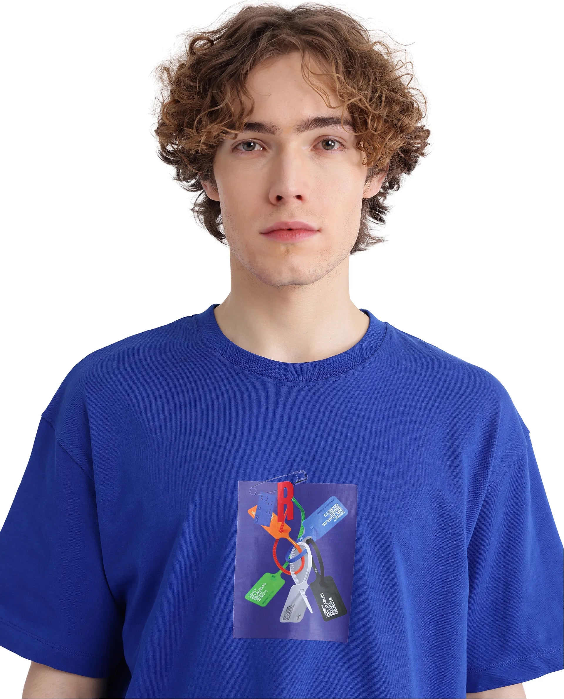 Rare Rabbit Men's Just Blue Cotton Graphic Print Boxy Fit Half Sleeve Crew Neck T-Shirt