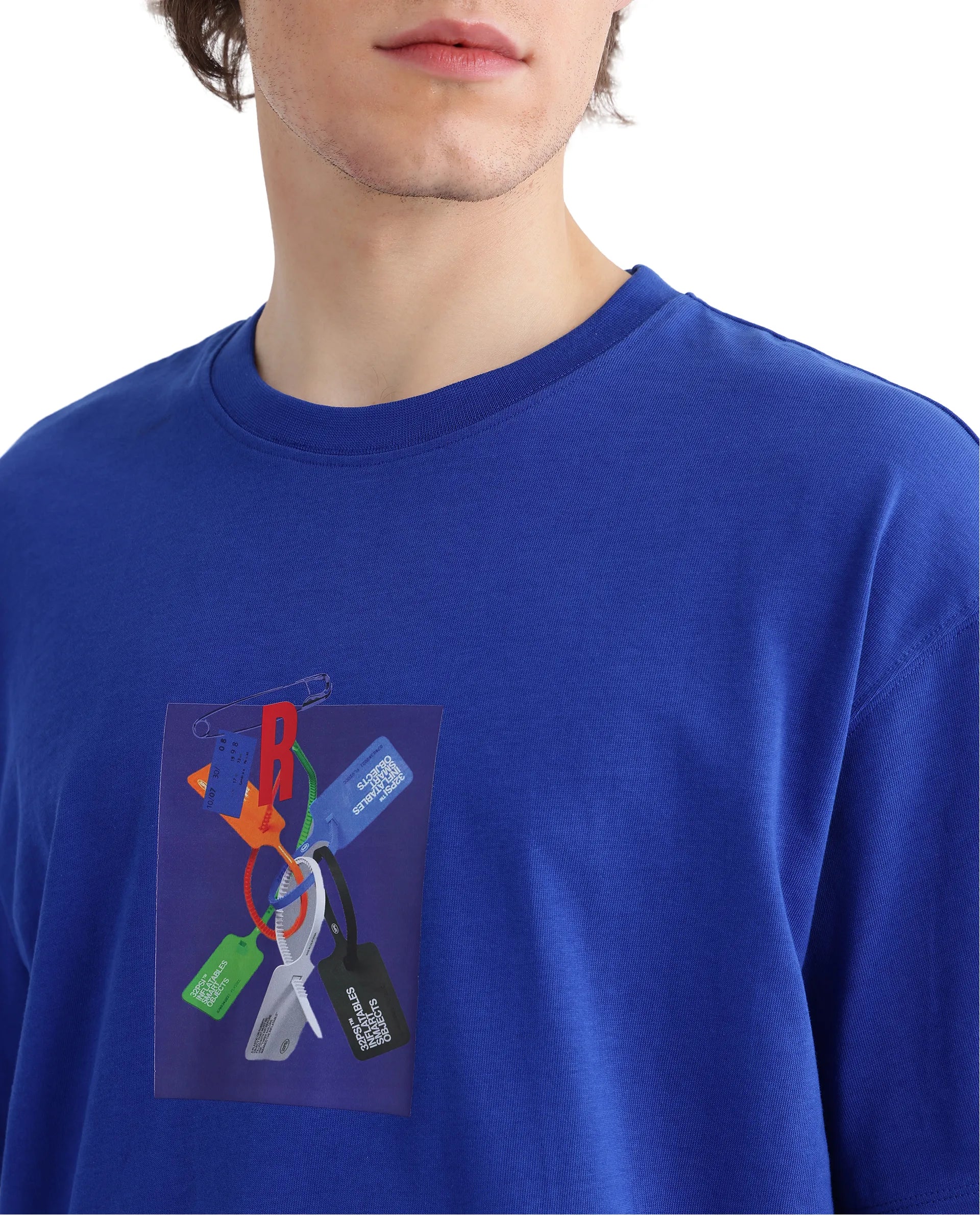 Rare Rabbit Men's Just Blue Cotton Graphic Print Boxy Fit Half Sleeve Crew Neck T-Shirt