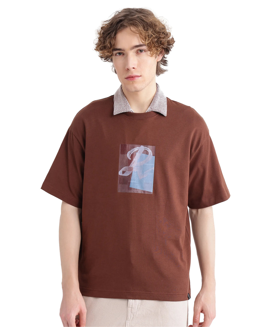 Rare Rabbit Men's Justin Brown Cotton Graphic Print Oversized Fit Half Sleeve Crew Neck T-Shirt