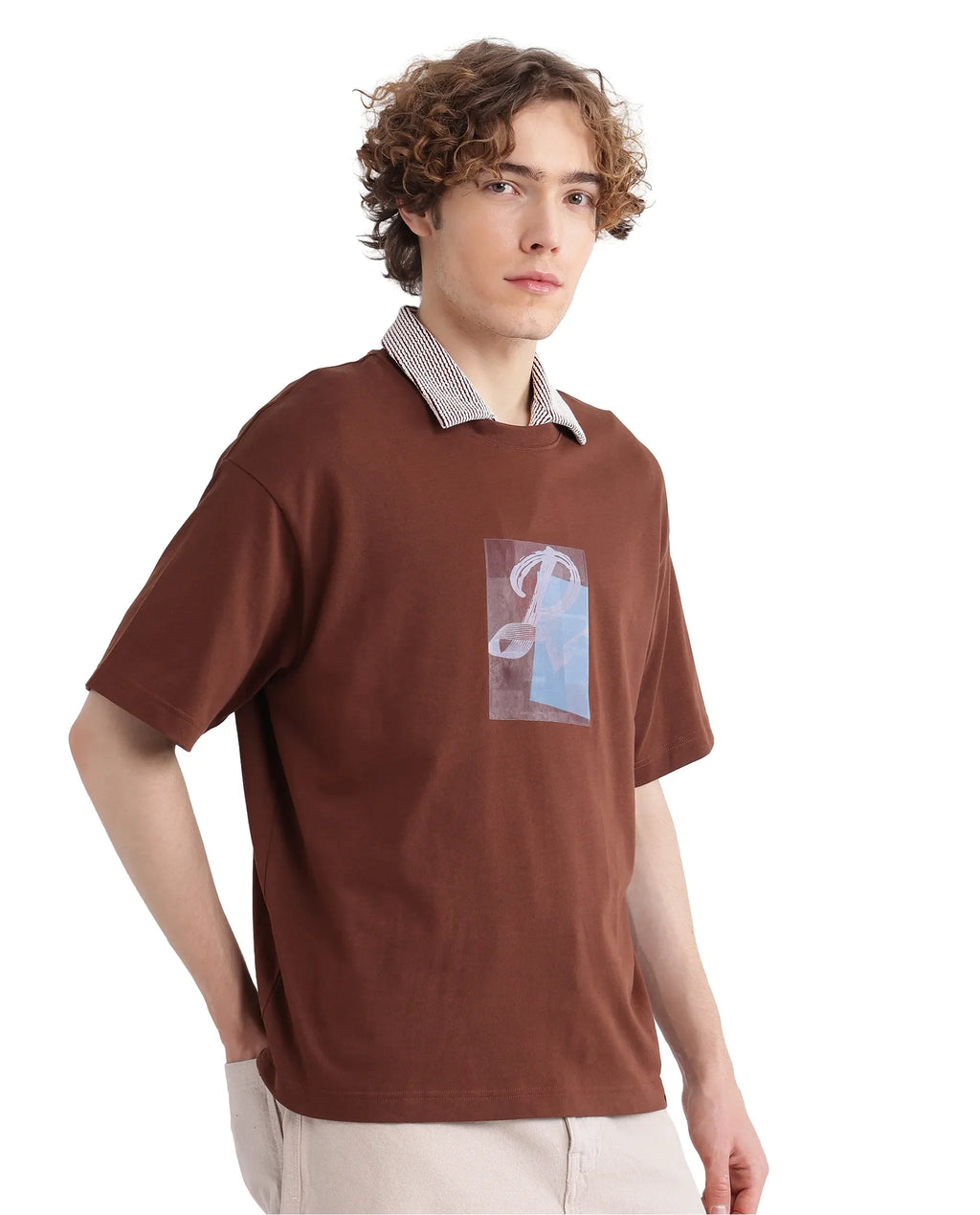 Rare Rabbit Men's Justin Brown Cotton Graphic Print Oversized Fit Half Sleeve Crew Neck T-Shirt