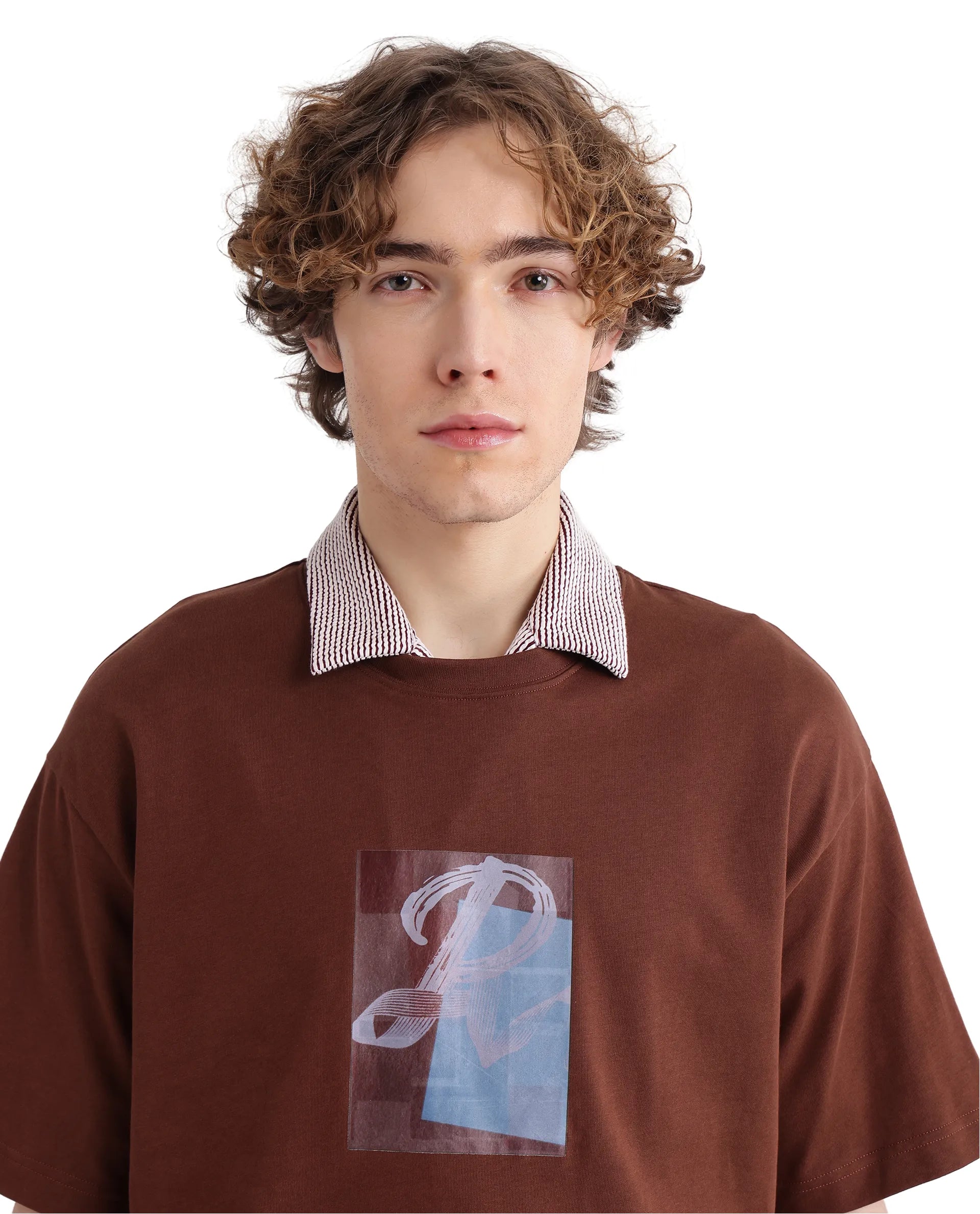 Rare Rabbit Men's Justin Brown Cotton Graphic Print Oversized Fit Half Sleeve Crew Neck T-Shirt