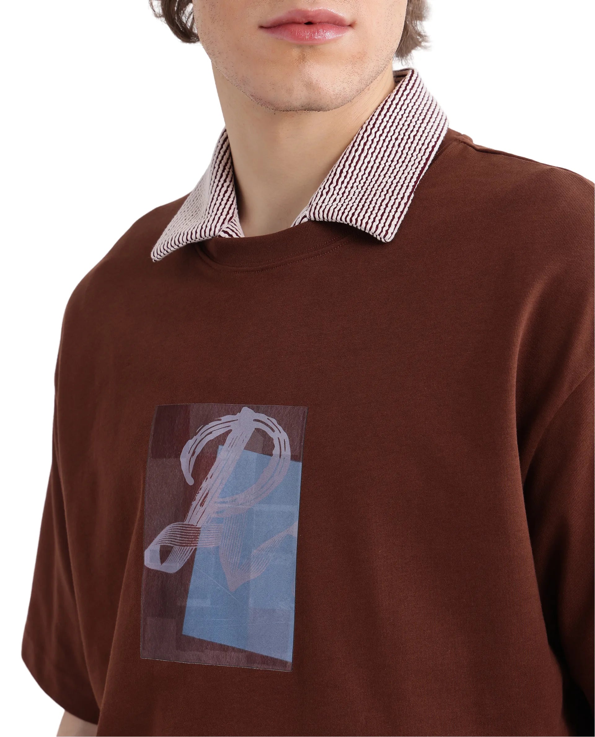 Rare Rabbit Men's Justin Brown Cotton Graphic Print Oversized Fit Half Sleeve Crew Neck T-Shirt