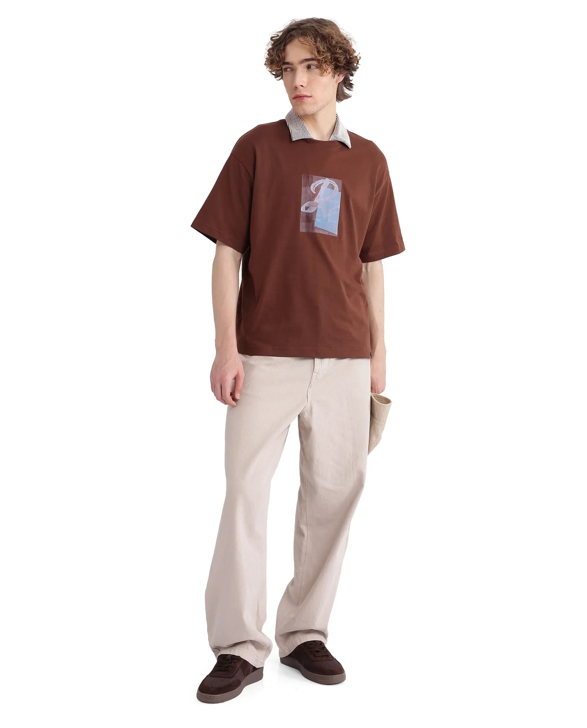 Rare Rabbit Men's Justin Brown Cotton Graphic Print Oversized Fit Half Sleeve Crew Neck T-Shirt