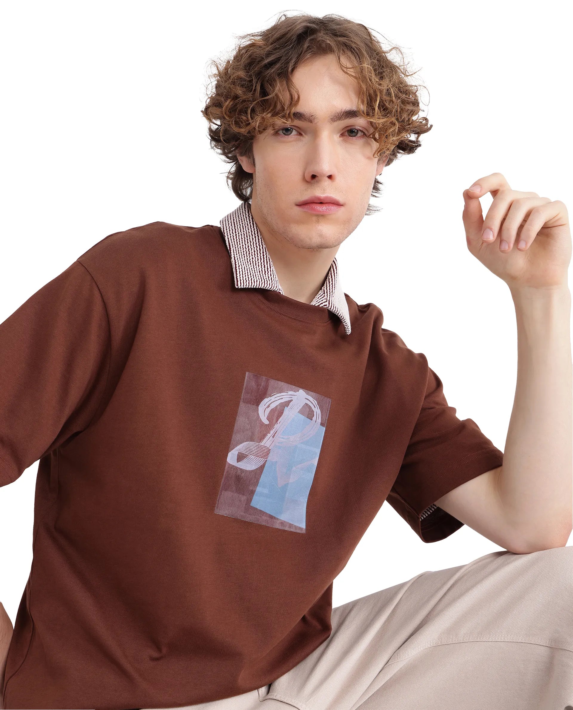 Rare Rabbit Men's Justin Brown Cotton Graphic Print Oversized Fit Half Sleeve Crew Neck T-Shirt