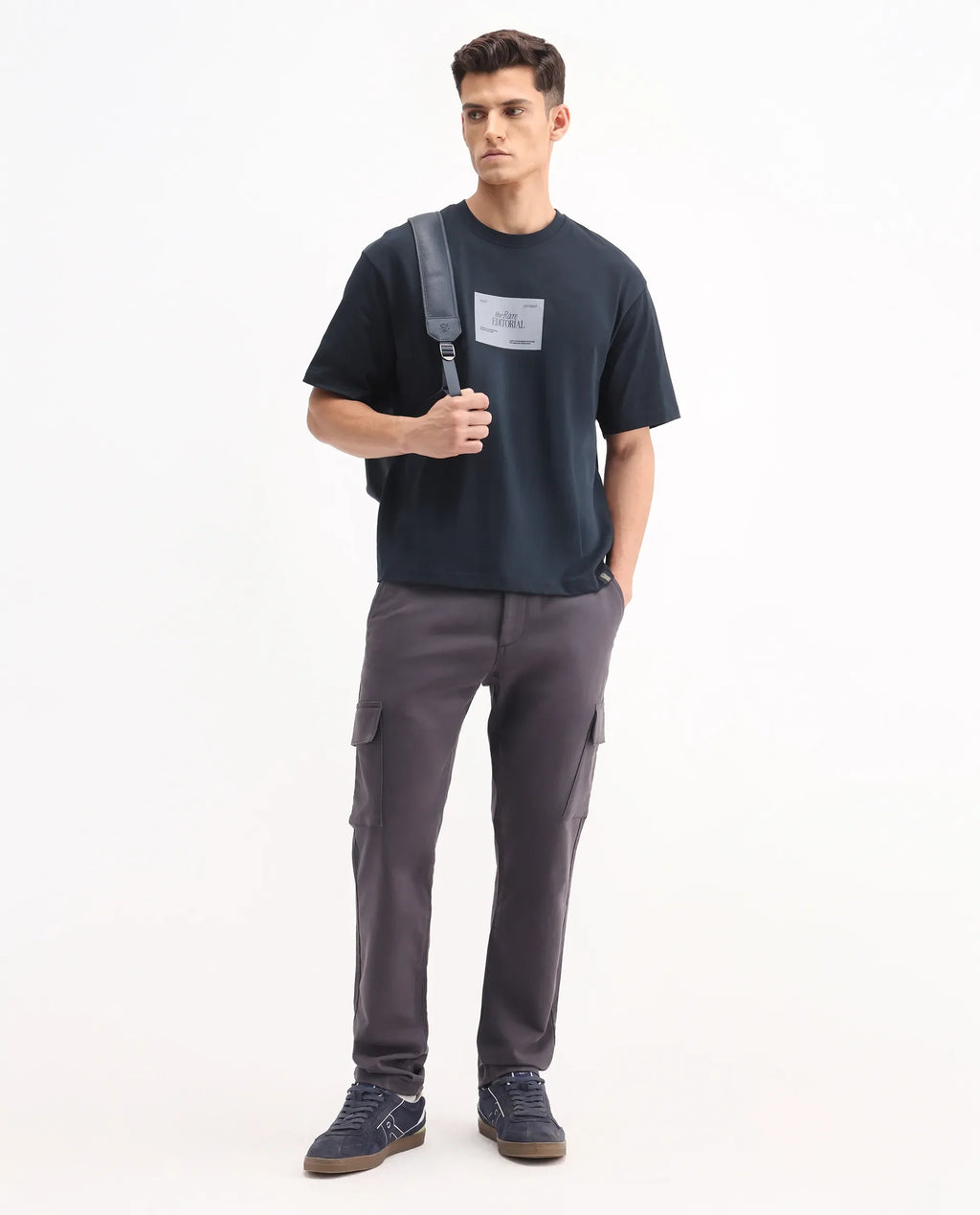 Rare Rabbit Men's Justin Navy Cotton Graphic Print Oversized Fit Half Sleeve Crew Neck T-Shirt