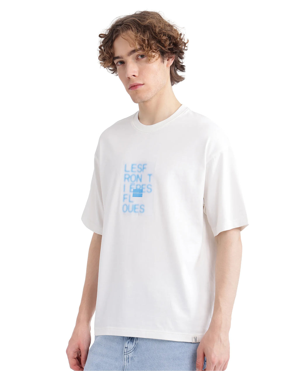 Rare Rabbit Men's Justin Off White Cotton Graphic Print Oversized Fit Half Sleeve Crew Neck T-Shirt