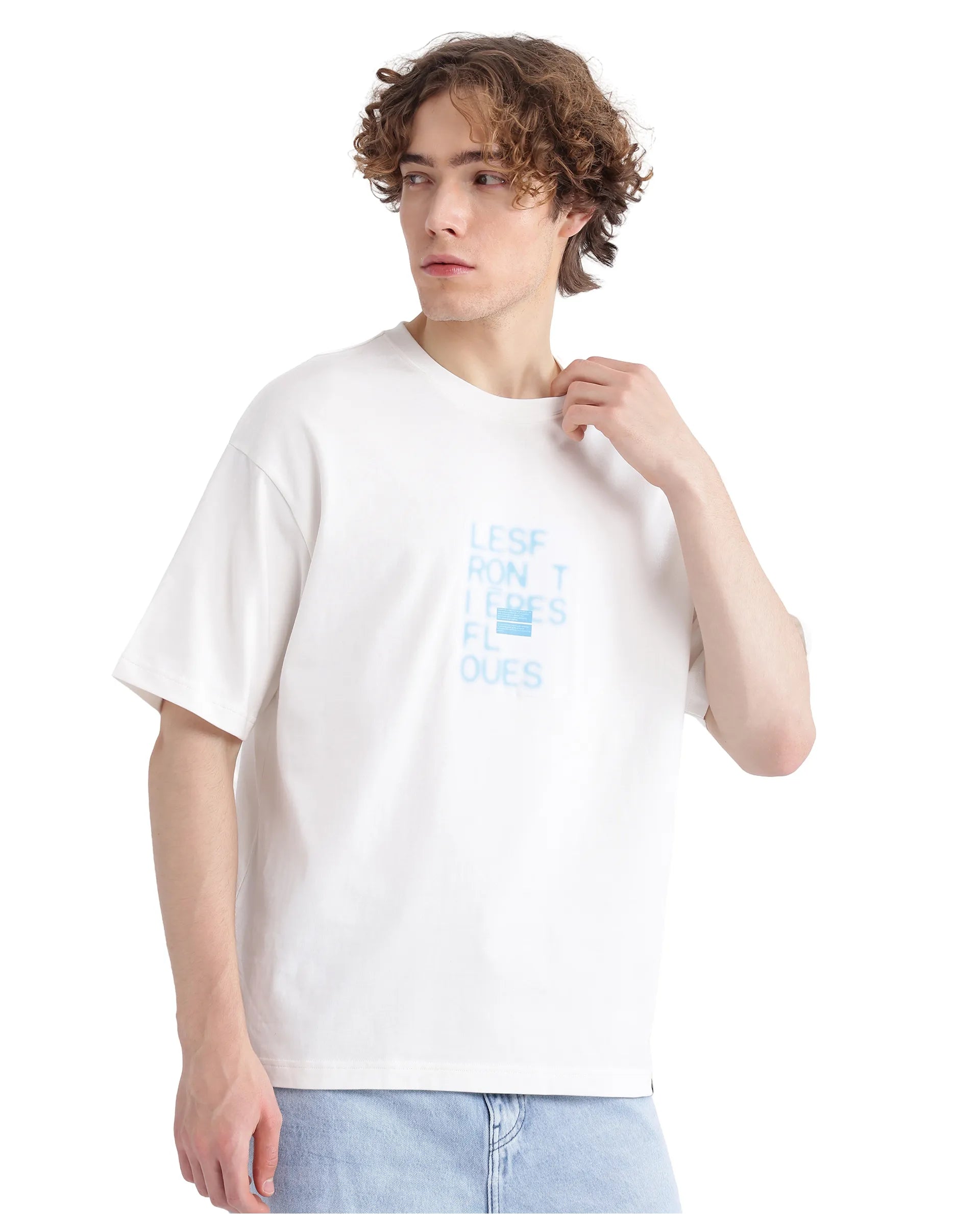 Rare Rabbit Men's Justin Off White Cotton Graphic Print Oversized Fit Half Sleeve Crew Neck T-Shirt