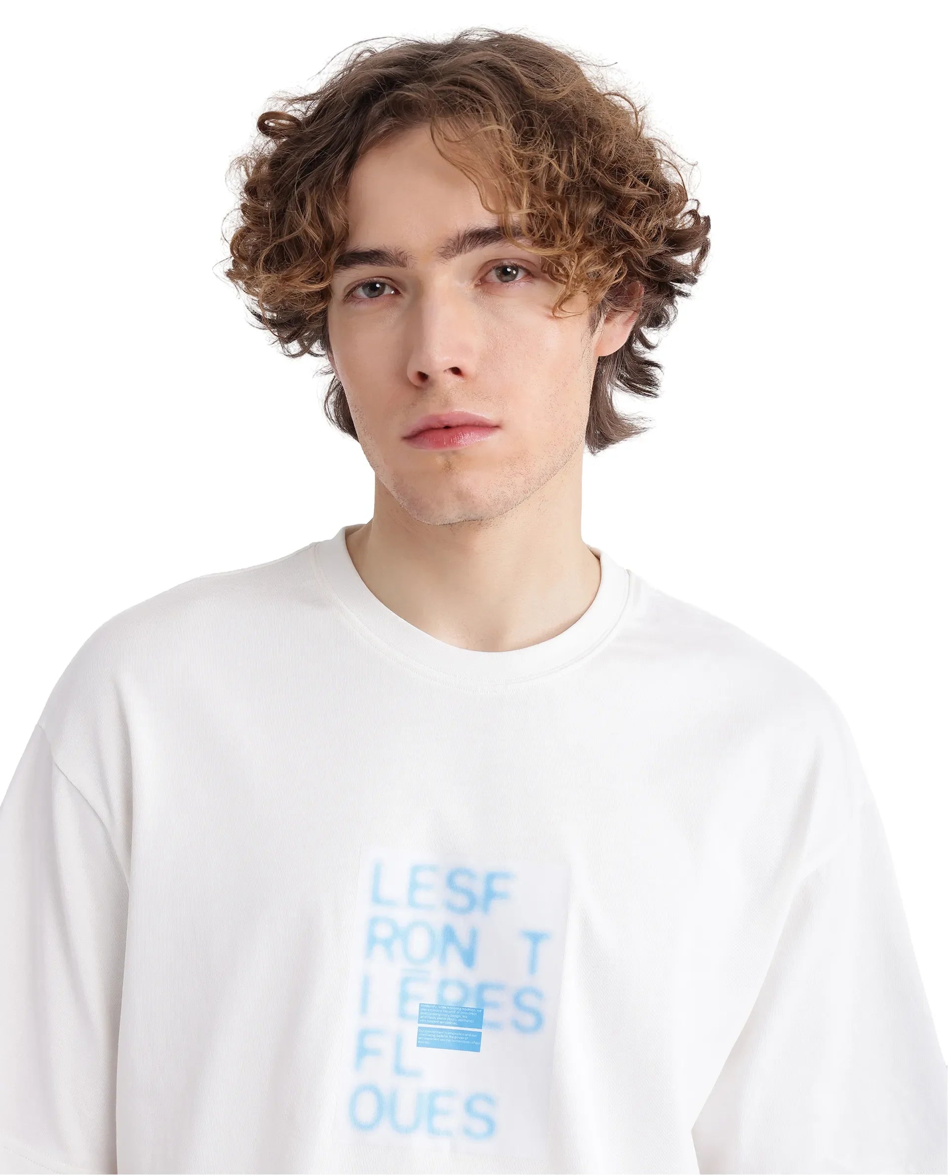 Rare Rabbit Men's Justin Off White Cotton Graphic Print Oversized Fit Half Sleeve Crew Neck T-Shirt