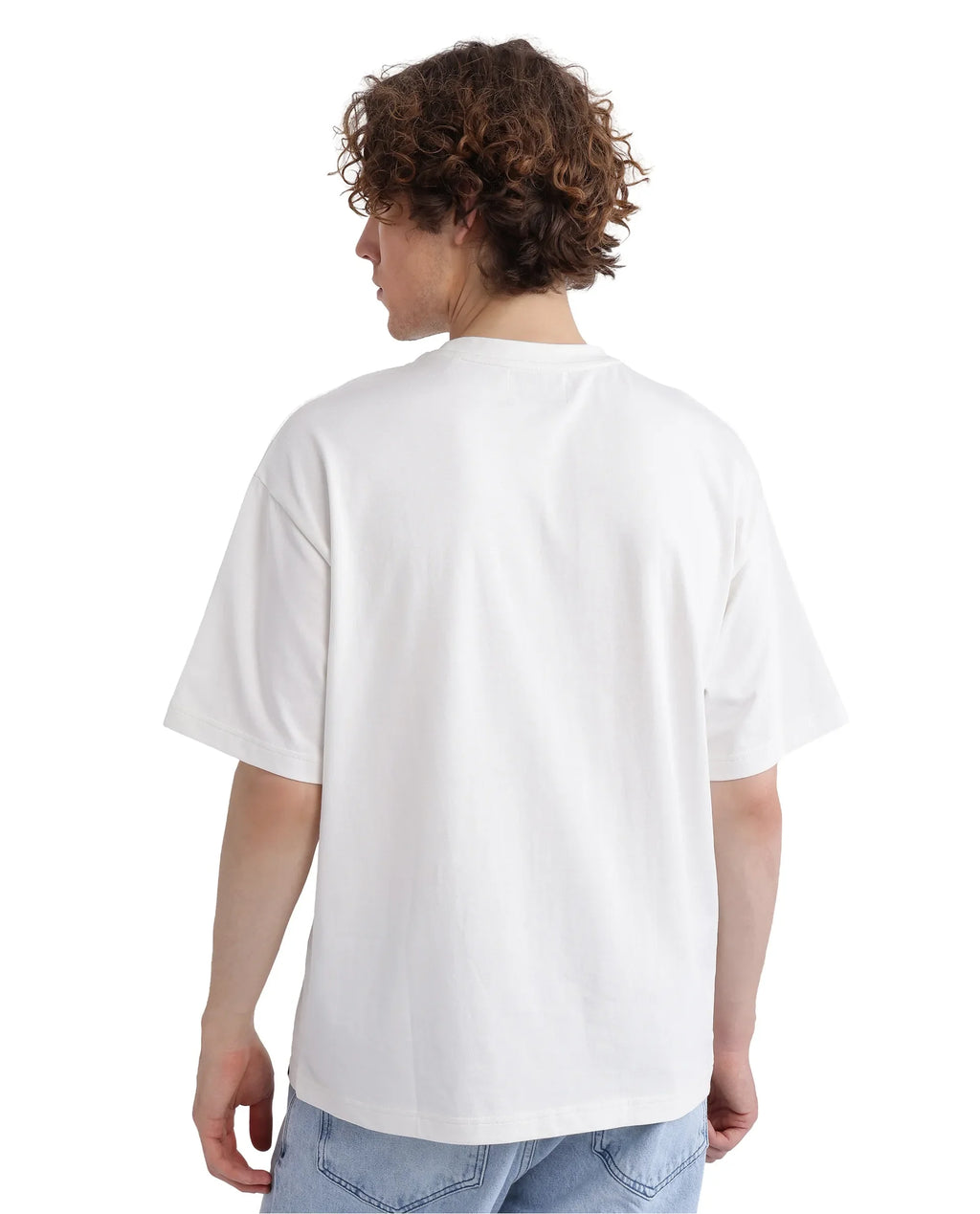 Rare Rabbit Men's Justin Off White Cotton Graphic Print Oversized Fit Half Sleeve Crew Neck T-Shirt