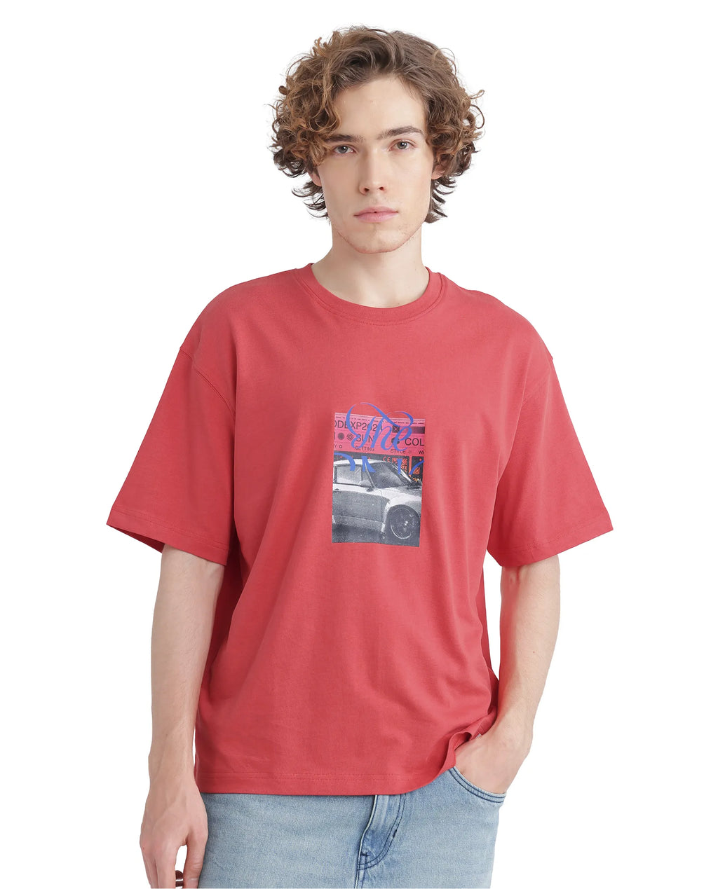 Rare Rabbit Men's Just Light Red Cotton Graphic Print Boxy Fit Half Sleeve Crew Neck T-Shirt