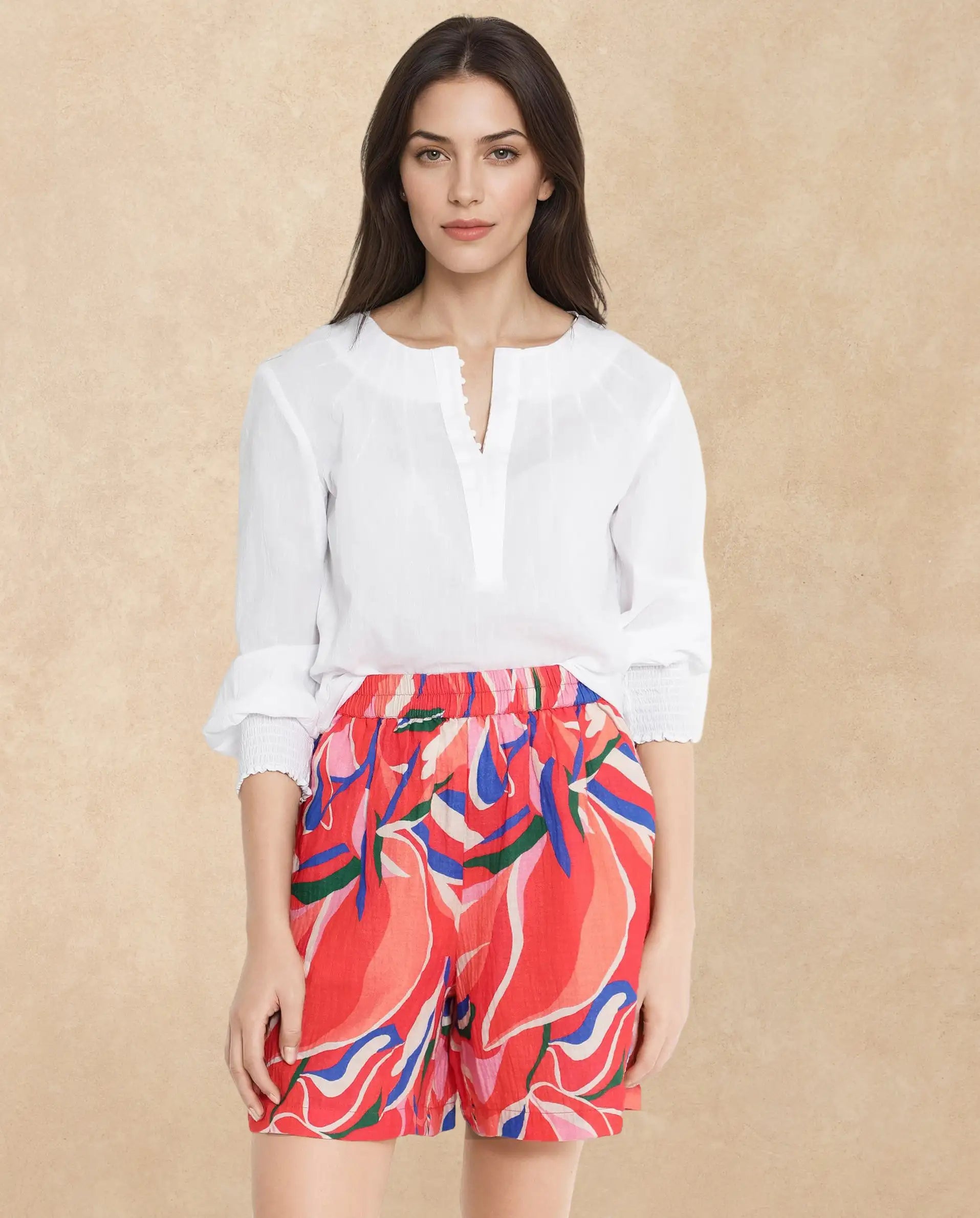 Rareism Women's Kabuto-B Multi Cotton Blend Abstract Print Mini Relaxed Fit Shorts