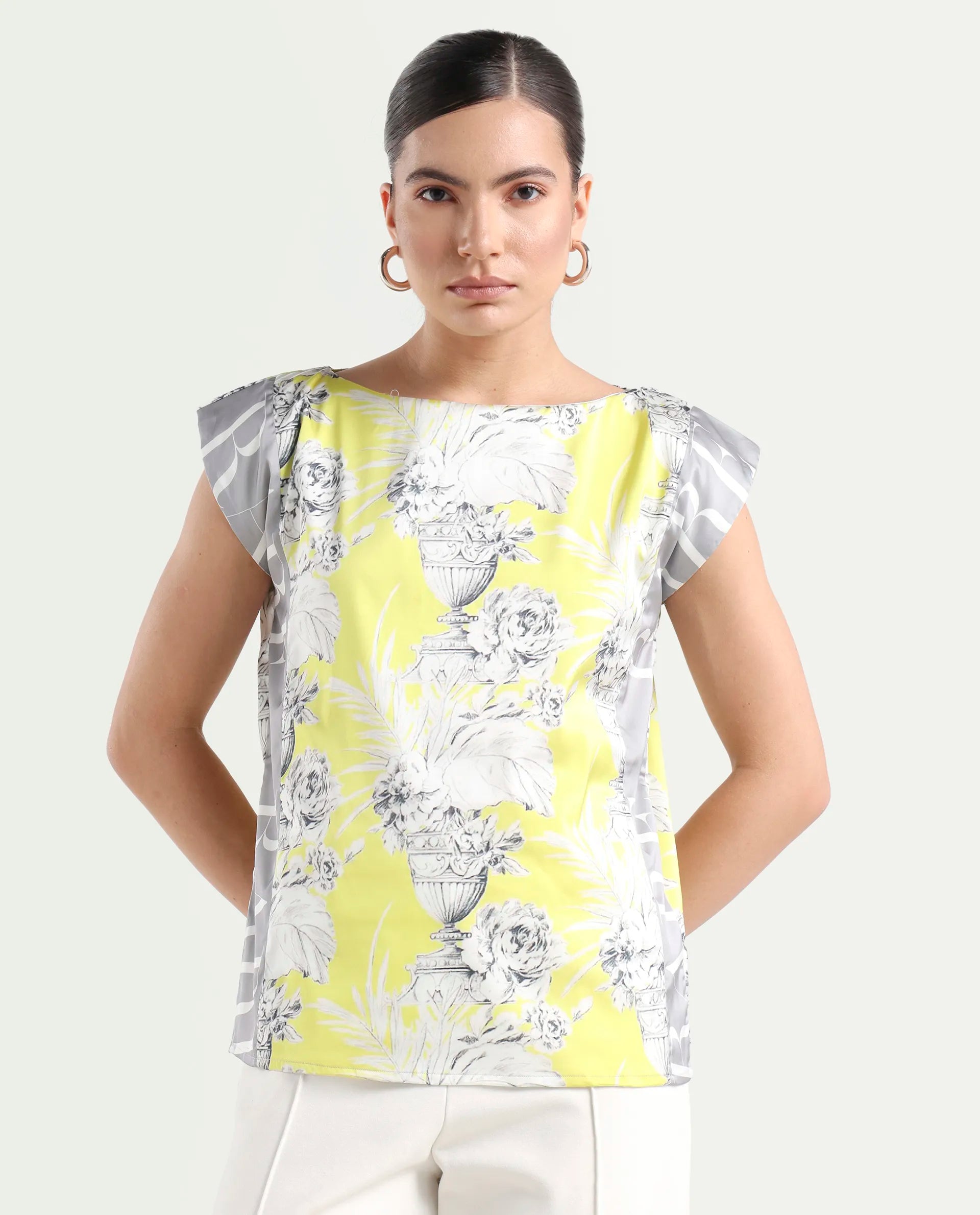 Rareism Women's Kanadio-T Yellow Polyester Boat Neck Floral Print Extended Sleeves Regular Fit Top