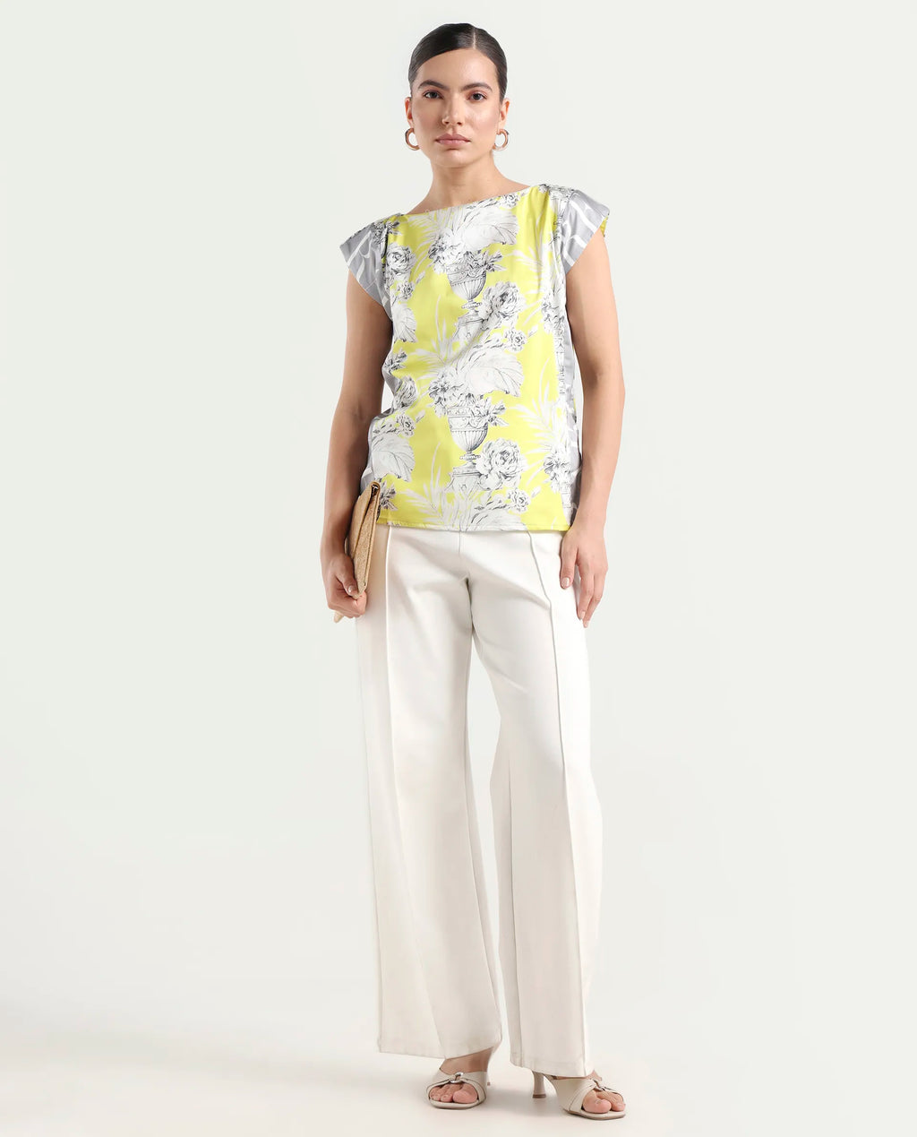 Rareism Women's Kanadio-T Yellow Polyester Boat Neck Floral Print Extended Sleeves Regular Fit Top