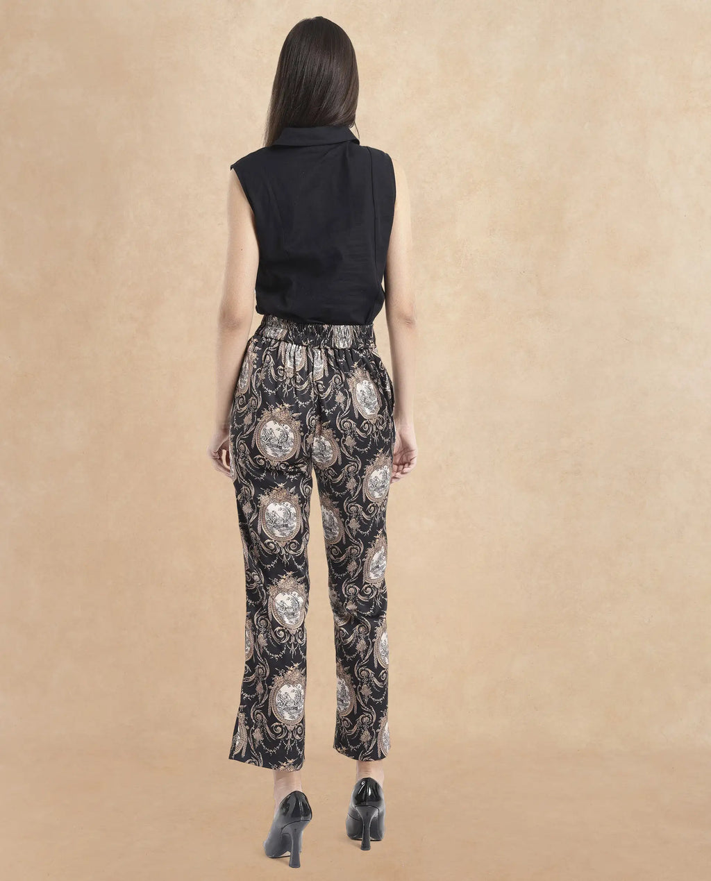 Rareism Women's Kanama-B Black Polyester Ornamental Print Ankle Length Straight Fit Trouser