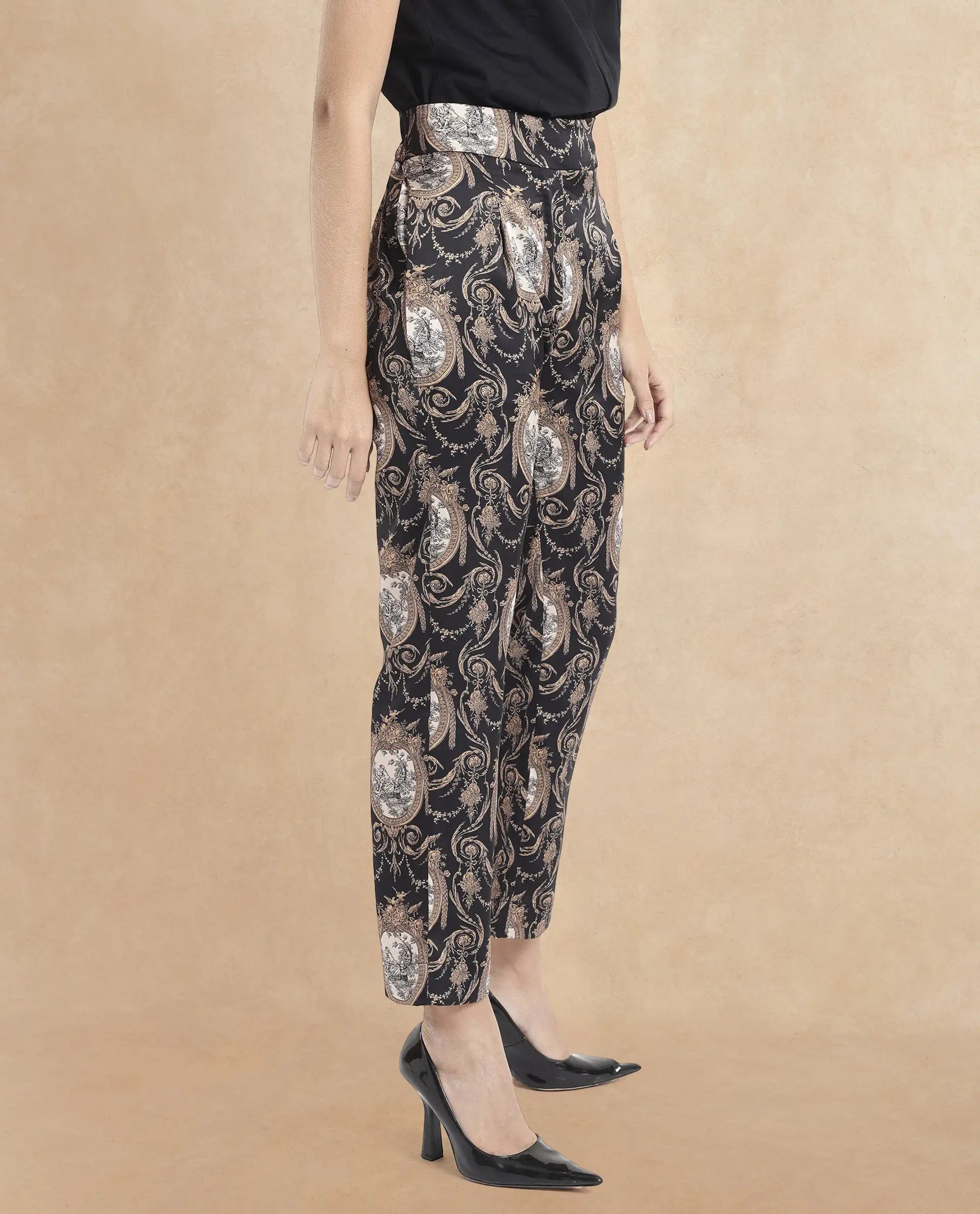 Rareism Women's Kanama-B Black Polyester Ornamental Print Ankle Length Straight Fit Trouser