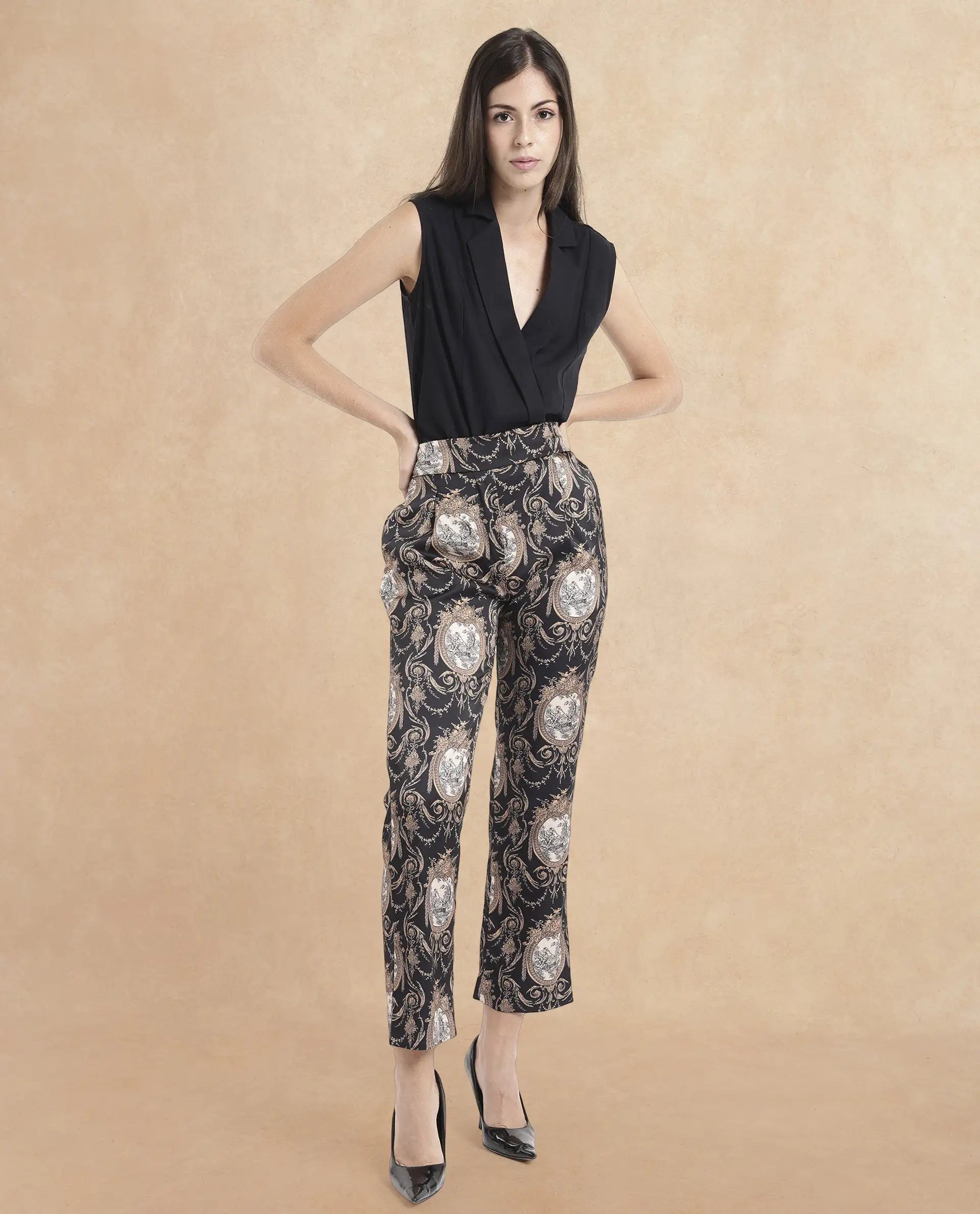 Rareism Women's Kanama-B Black Polyester Ornamental Print Ankle Length Straight Fit Trouser