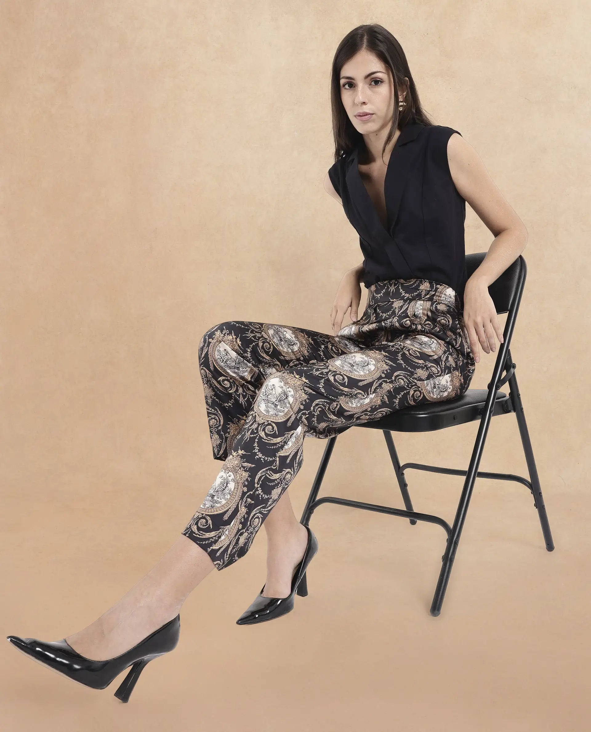 Rareism Women's Kanama-B Black Polyester Ornamental Print Ankle Length Straight Fit Trouser