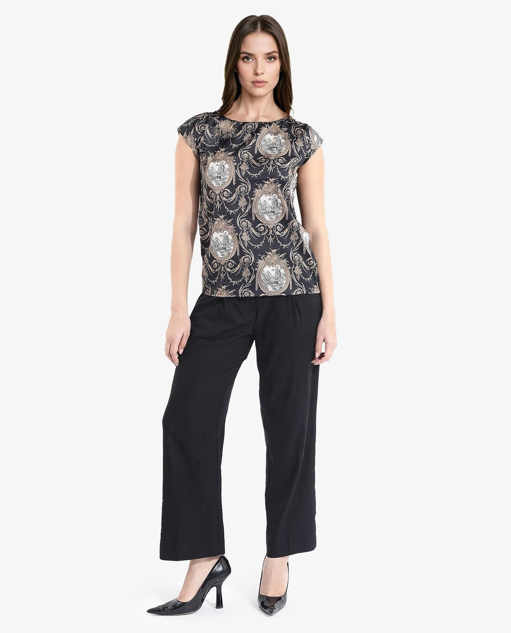 Rareism Women's Kanama T-Black Polyester Boat Neck Ornamental Print Extended Sleeves Regular Fit Top