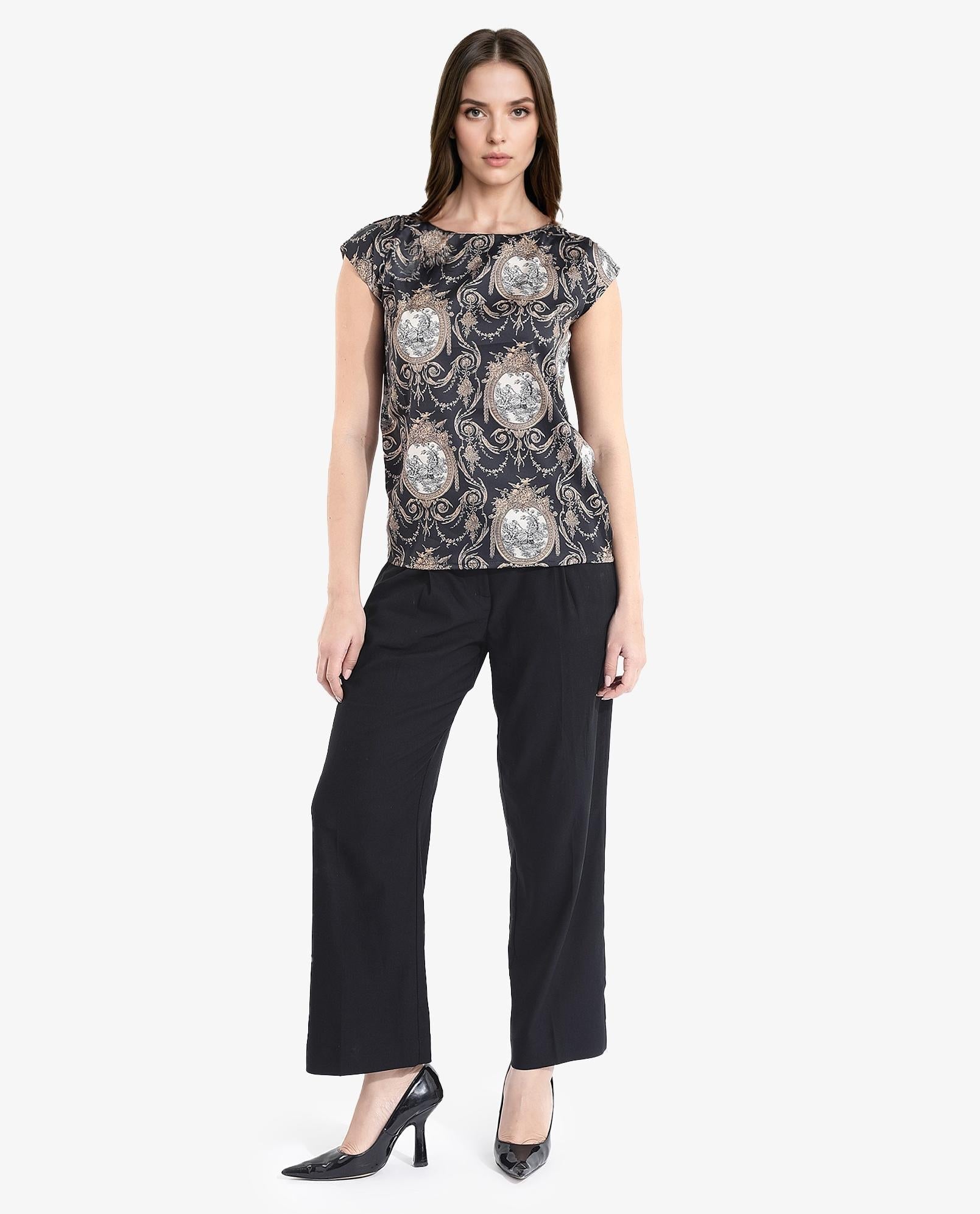 Rareism Women's Kanama T-Black Polyester Boat Neck Ornamental Print Extended Sleeves Regular Fit Top