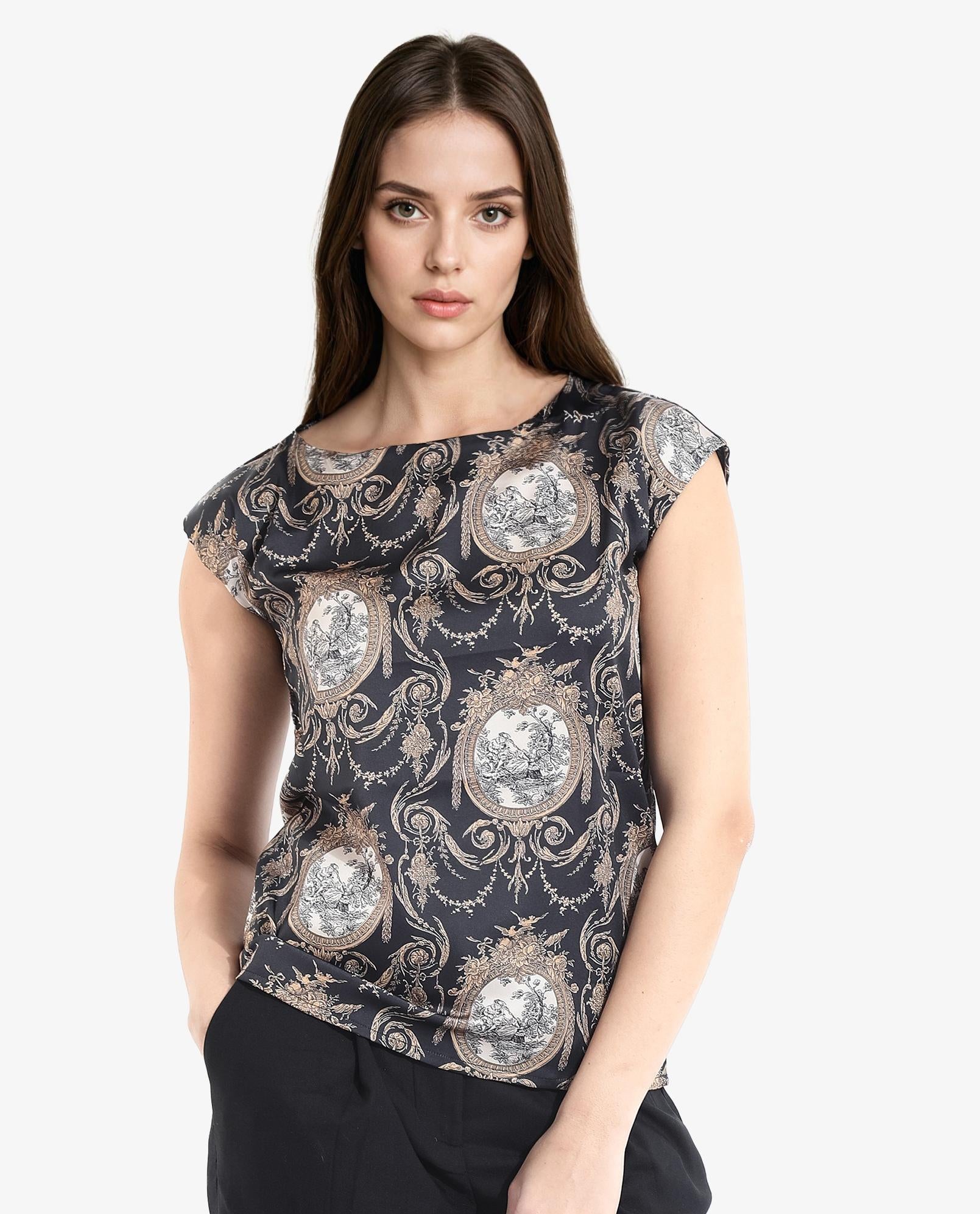 Rareism Women's Kanama T-Black Polyester Boat Neck Ornamental Print Extended Sleeves Regular Fit Top