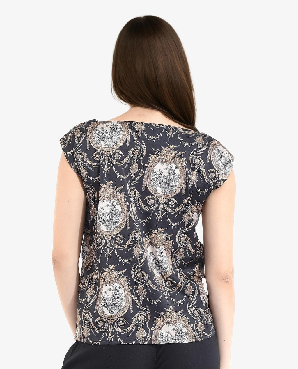 Rareism Women's Kanama T-Black Polyester Boat Neck Ornamental Print Extended Sleeves Regular Fit Top