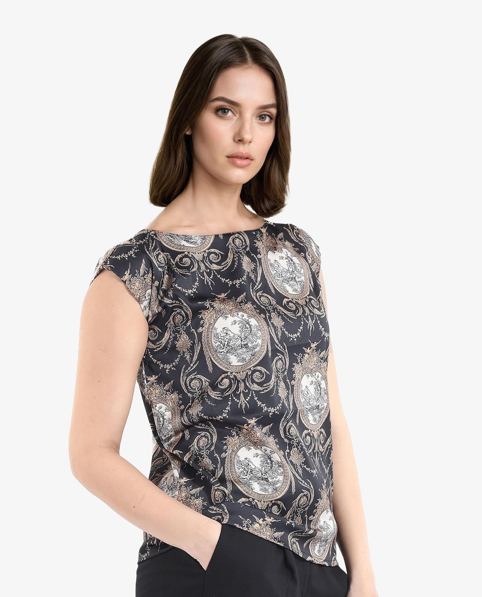 Rareism Women's Kanama T-Black Polyester Boat Neck Ornamental Print Extended Sleeves Regular Fit Top