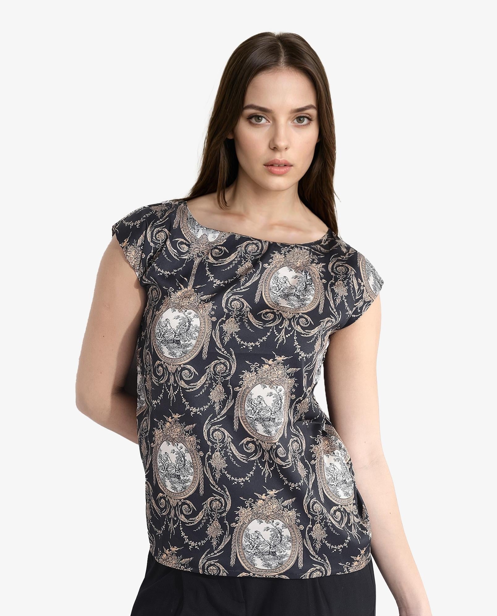 Rareism Women's Kanama T-Black Polyester Boat Neck Ornamental Print Extended Sleeves Regular Fit Top